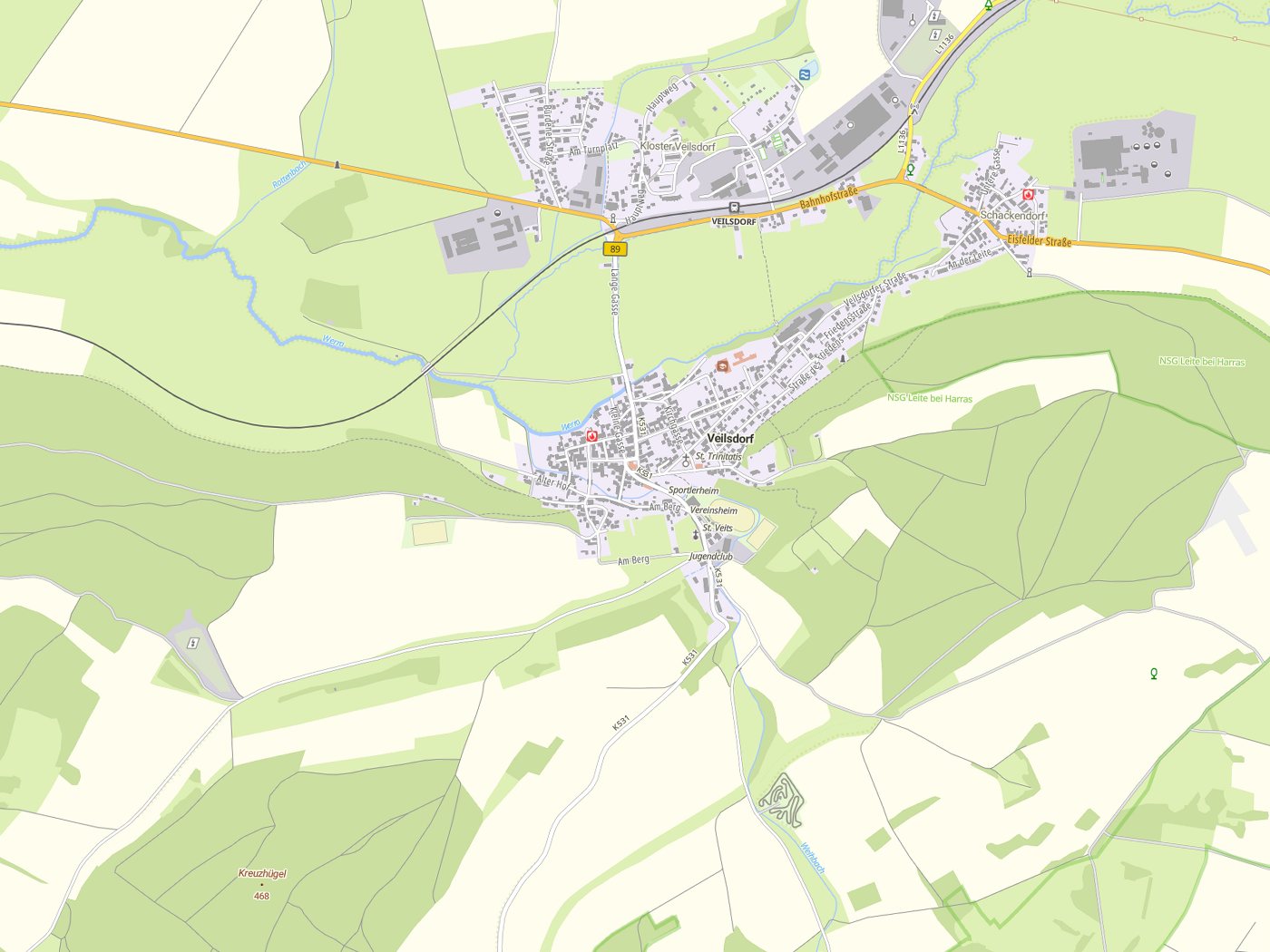 Kartenausschnitt Veilsdorf mit Gewässern