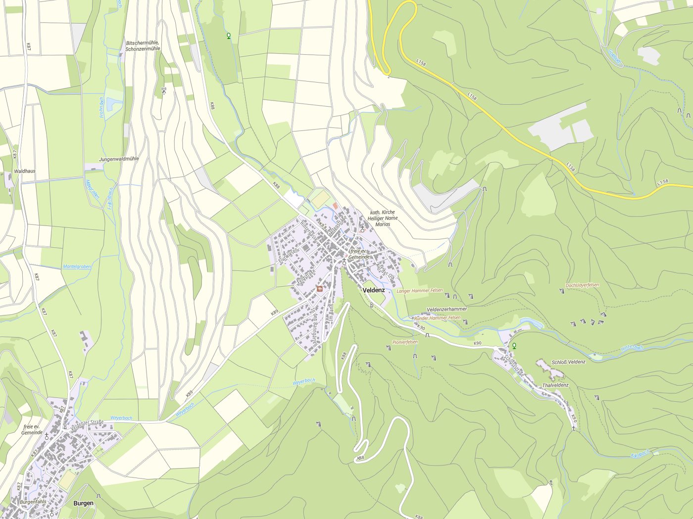 Kartenausschnitt Veldenz mit Gewässern