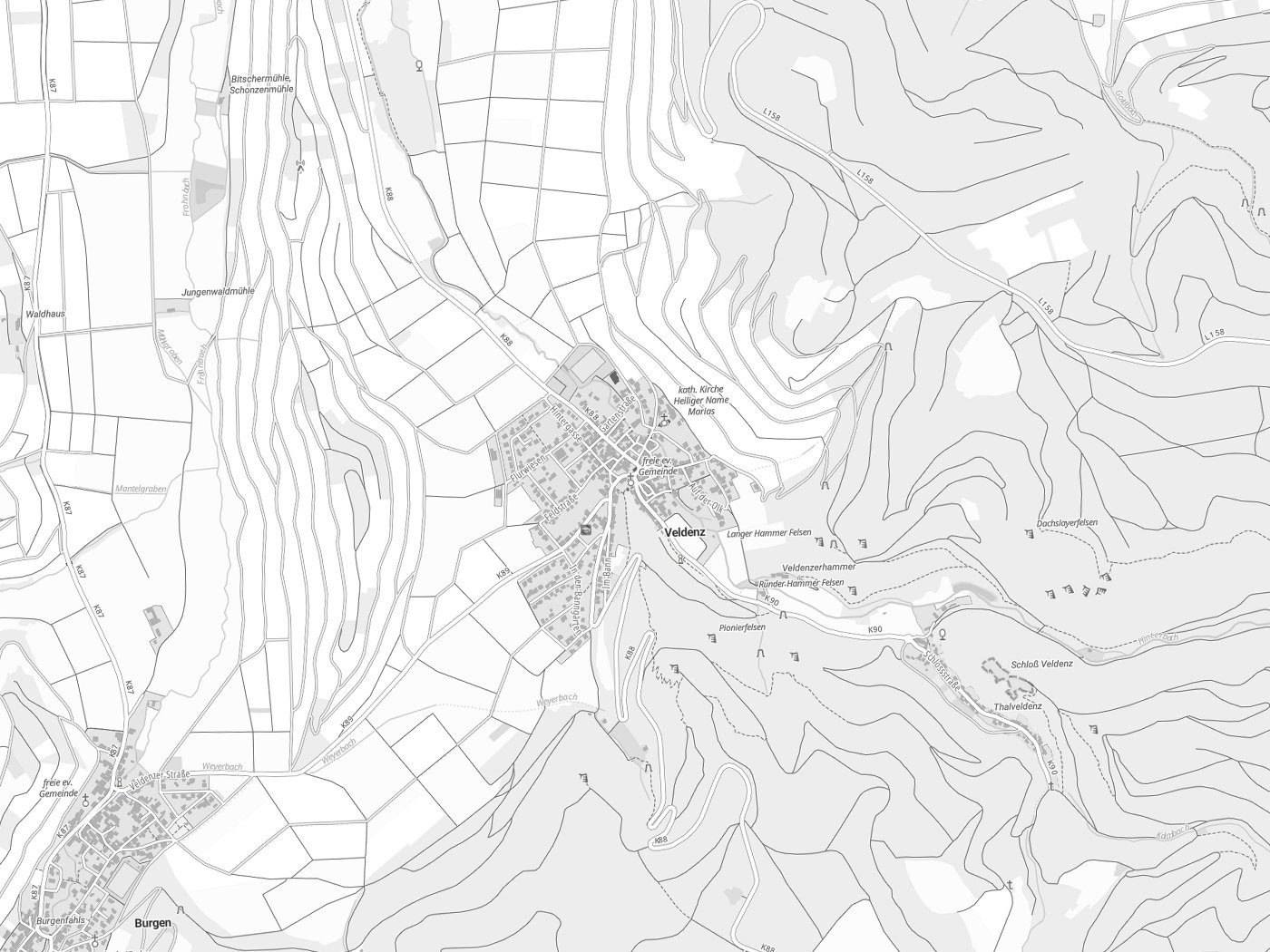 Kartenausschnitt Veldenz mit Gewässern