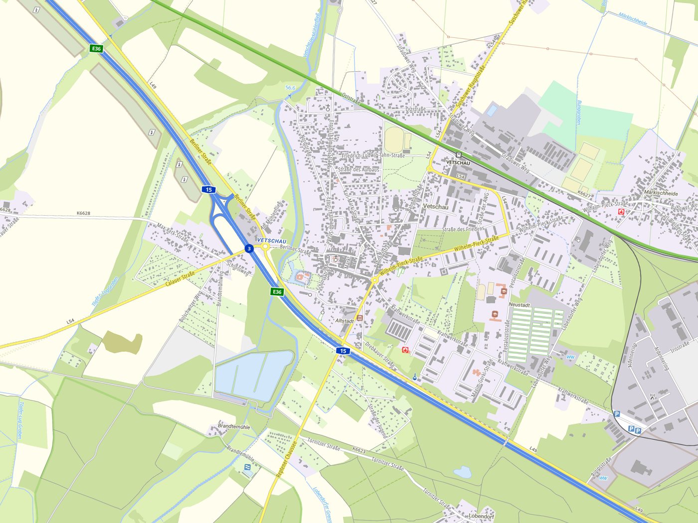 Kartenausschnitt Vetschau/Spreewald / Wětošow/Błota mit Gewässern