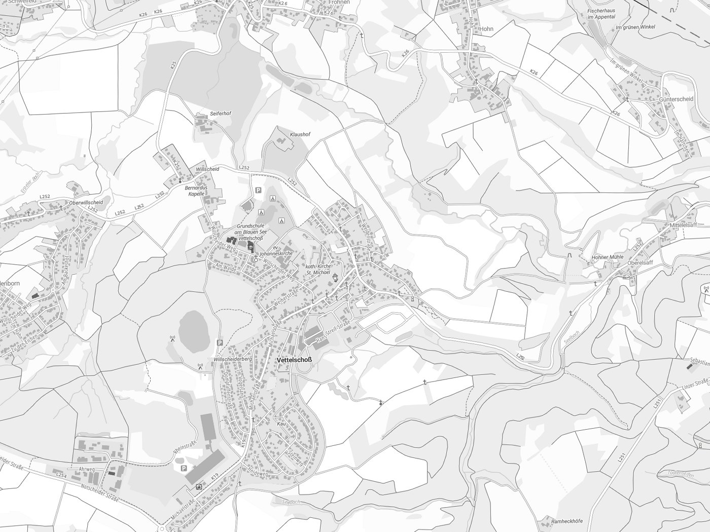 Kartenausschnitt Vettelschoß mit Gewässern