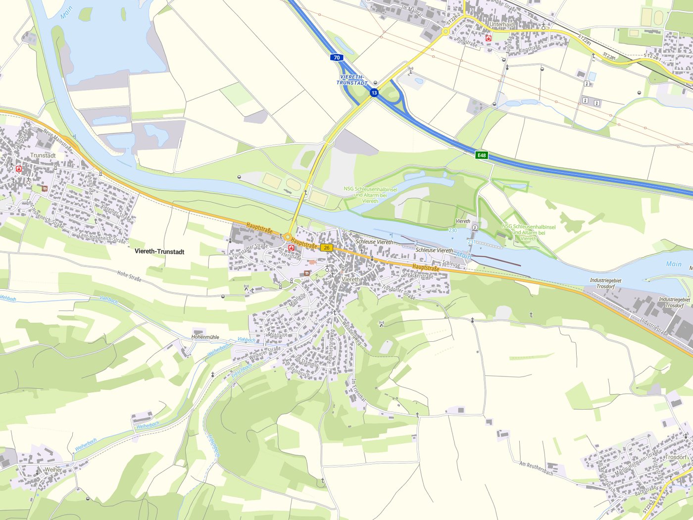 Kartenausschnitt Viereth-Trunstadt mit Gewässern
