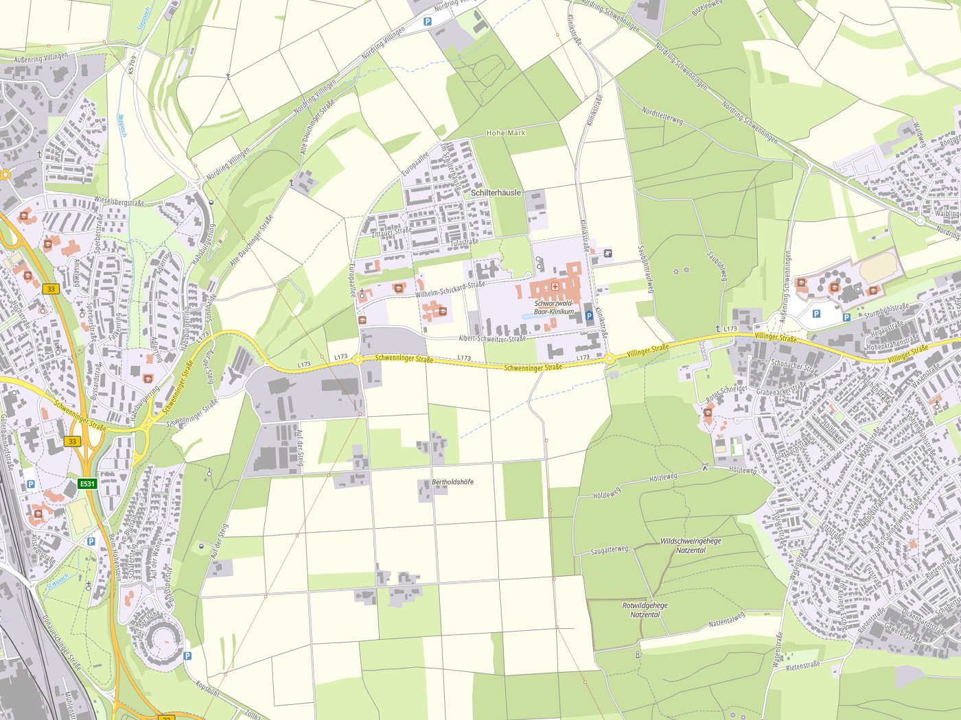 Kartenausschnitt Villingen-Schwenningen mit Gewässern