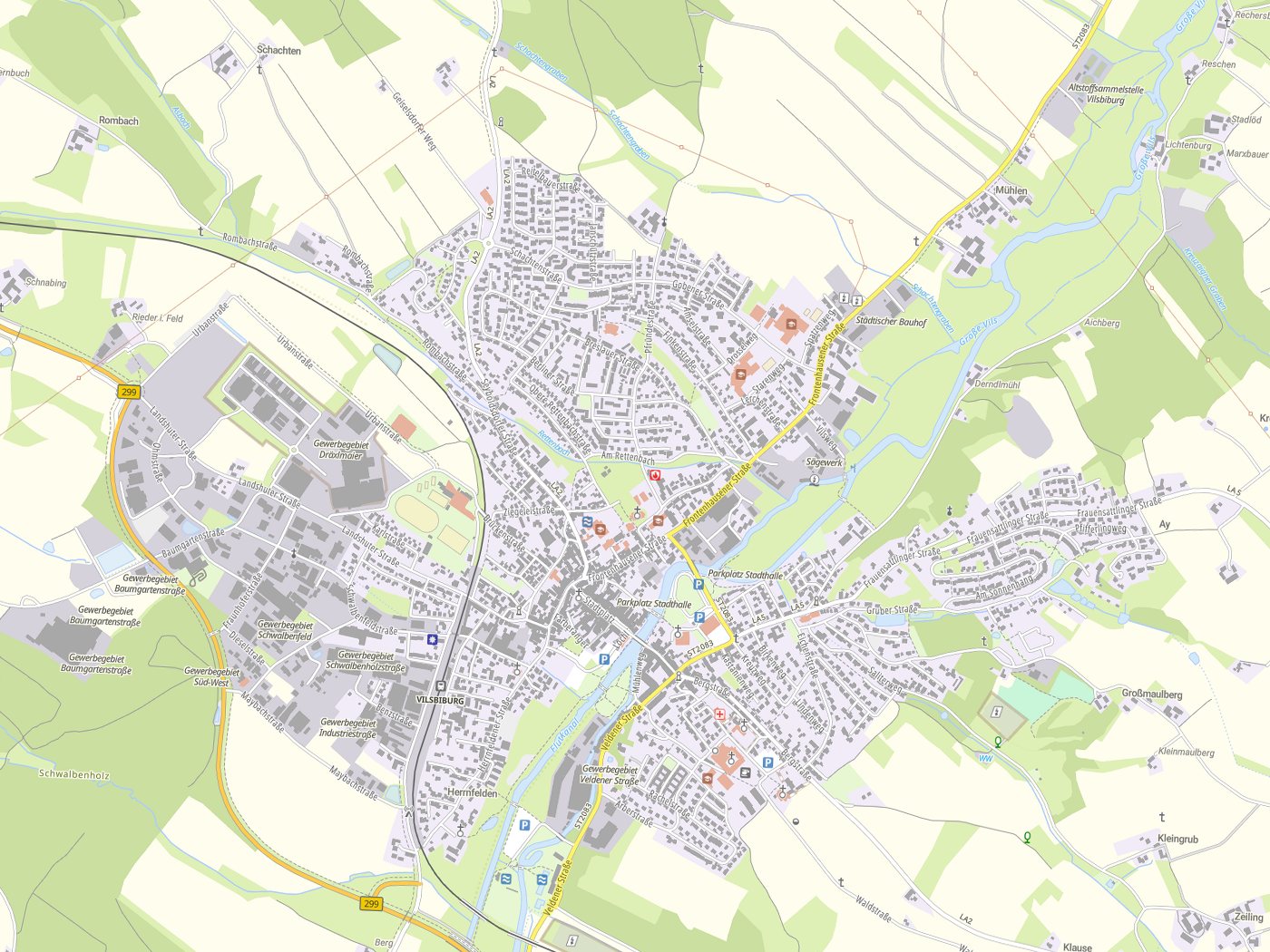Kartenausschnitt Vilsbiburg mit Gewässern