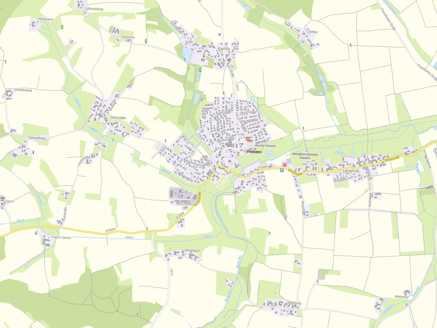 Kartenausschnitt Vilsheim mit Gewässern