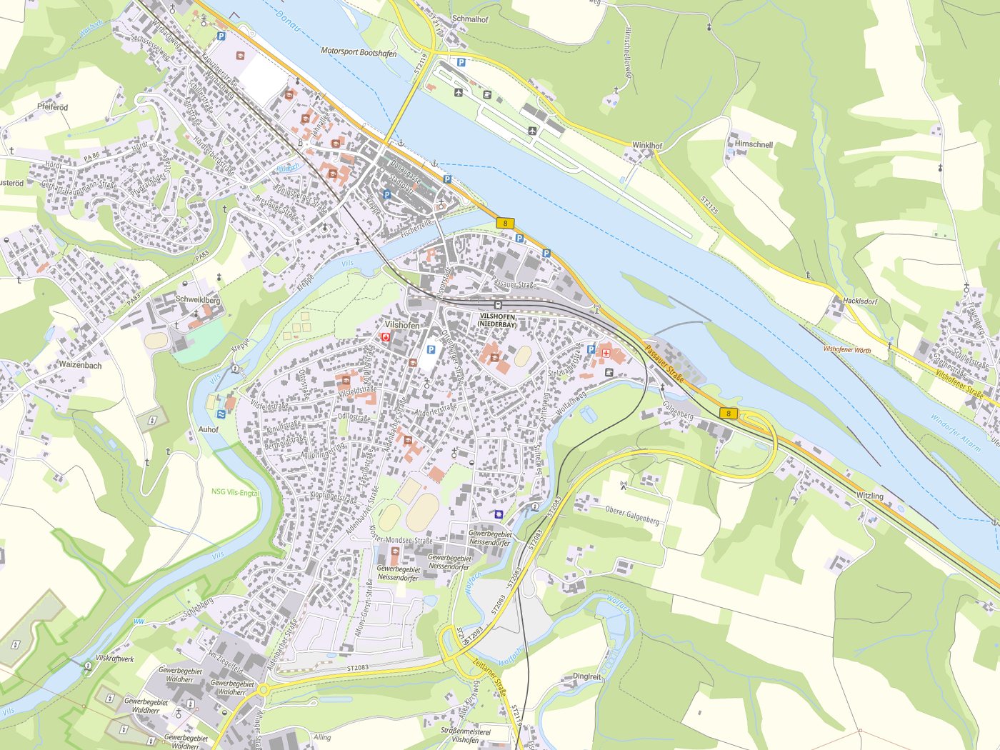 Kartenausschnitt Vilshofen mit Gewässern