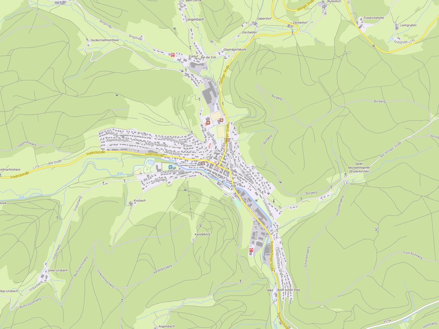 Kartenausschnitt Vöhrenbach mit Gewässern