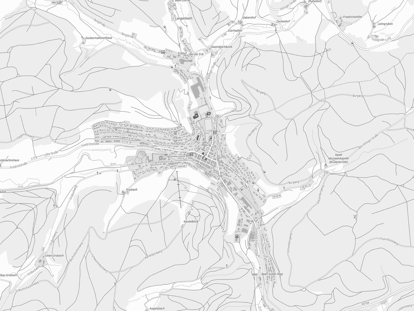 Kartenausschnitt Vöhrenbach mit Gewässern