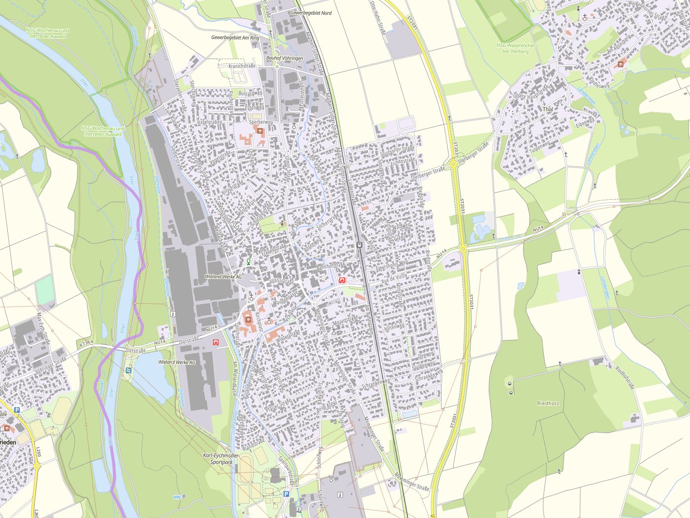 Kartenausschnitt Vöhringen mit Gewässern
