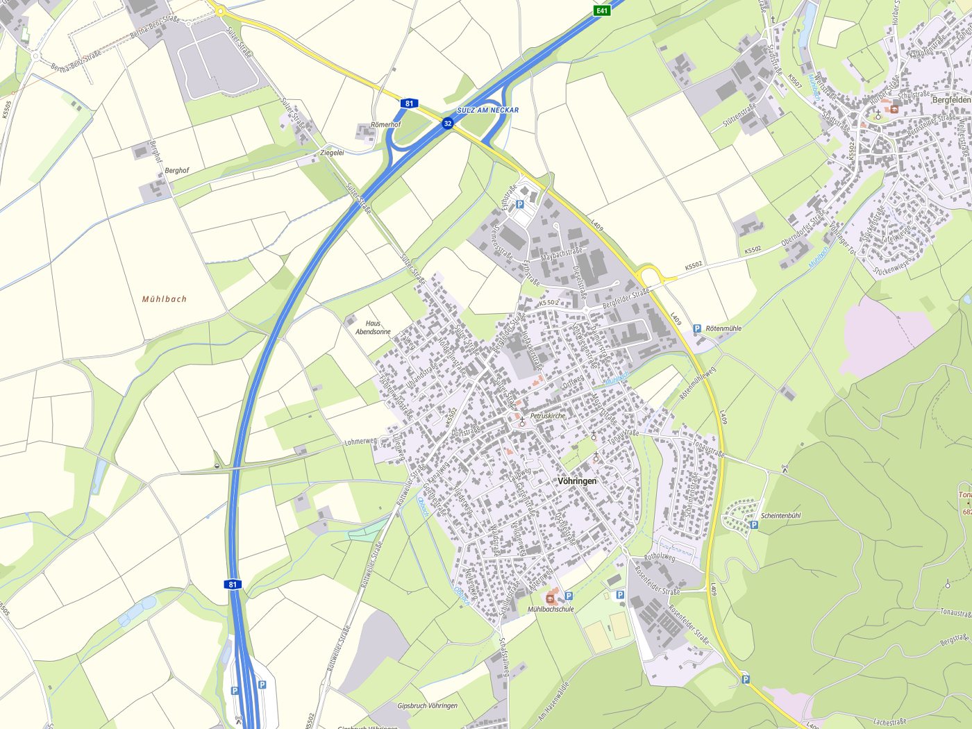 Kartenausschnitt Vöhringen mit Gewässern