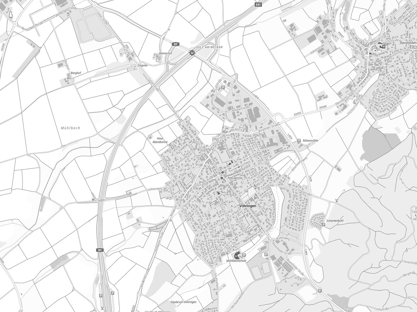 Kartenausschnitt Vöhringen mit Gewässern
