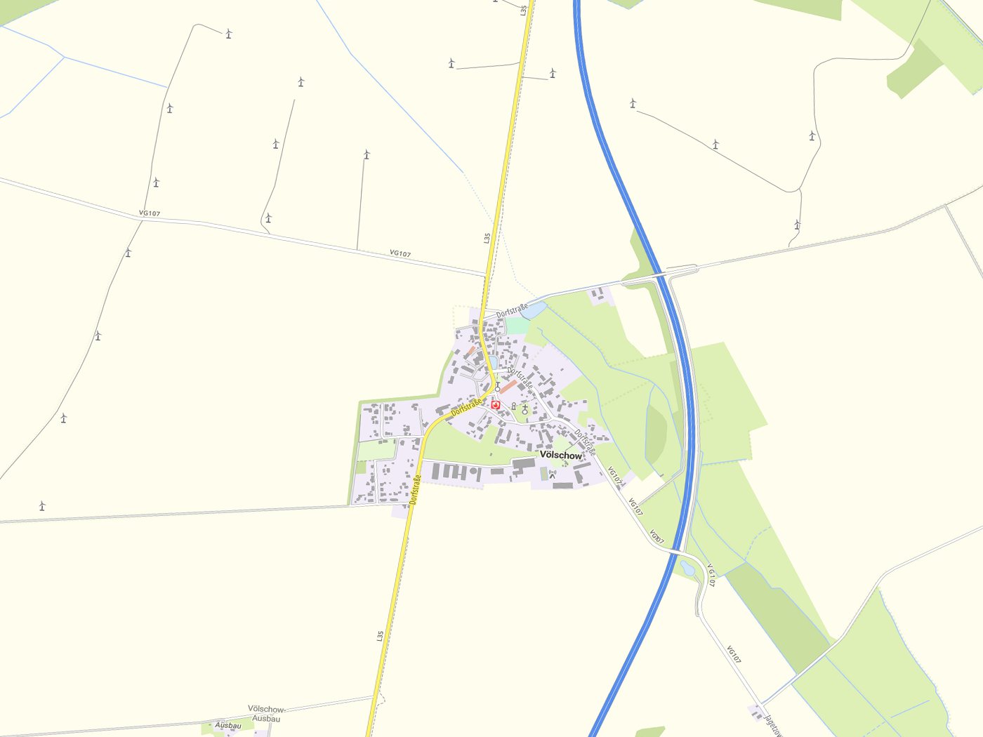 Kartenausschnitt Völschow mit Gewässern