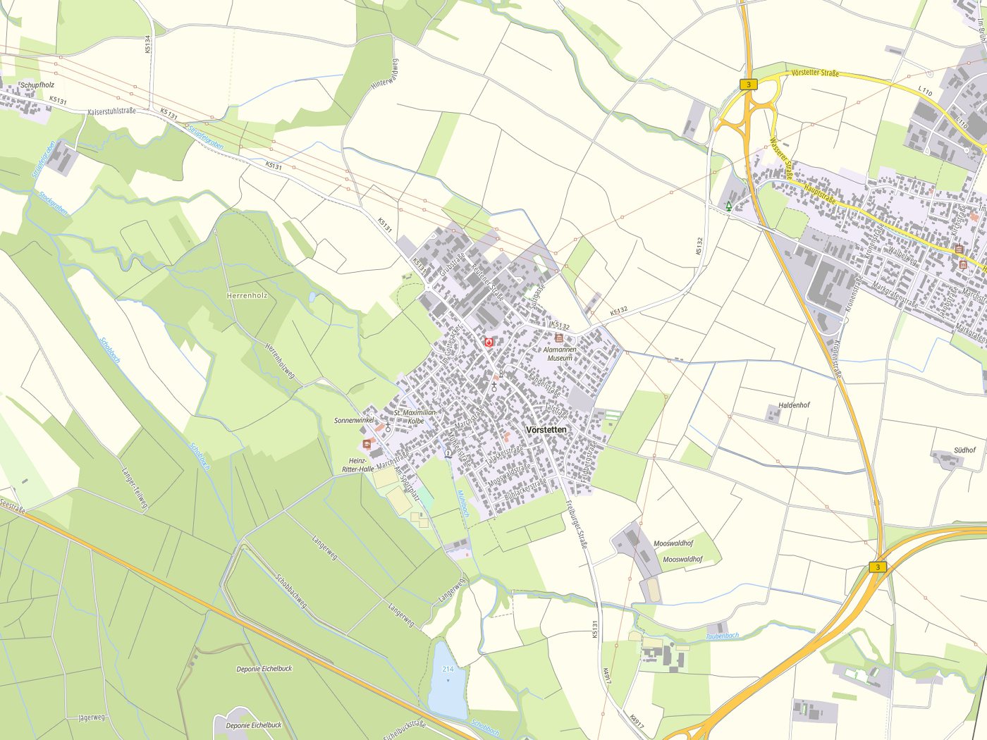 Kartenausschnitt Vörstetten mit Gewässern