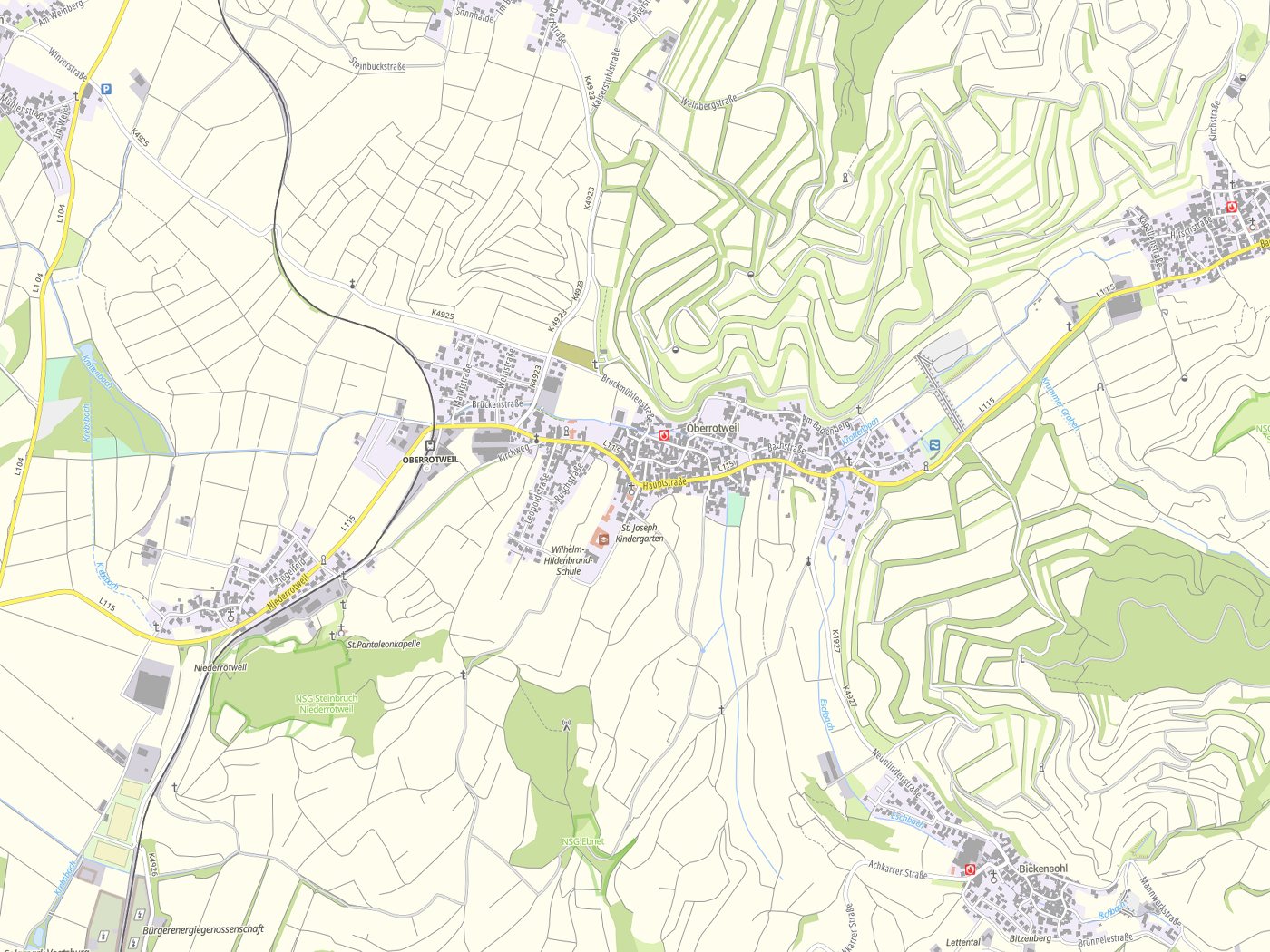 Kartenausschnitt Vogtsburg im Kaiserstuhl mit Gewässern