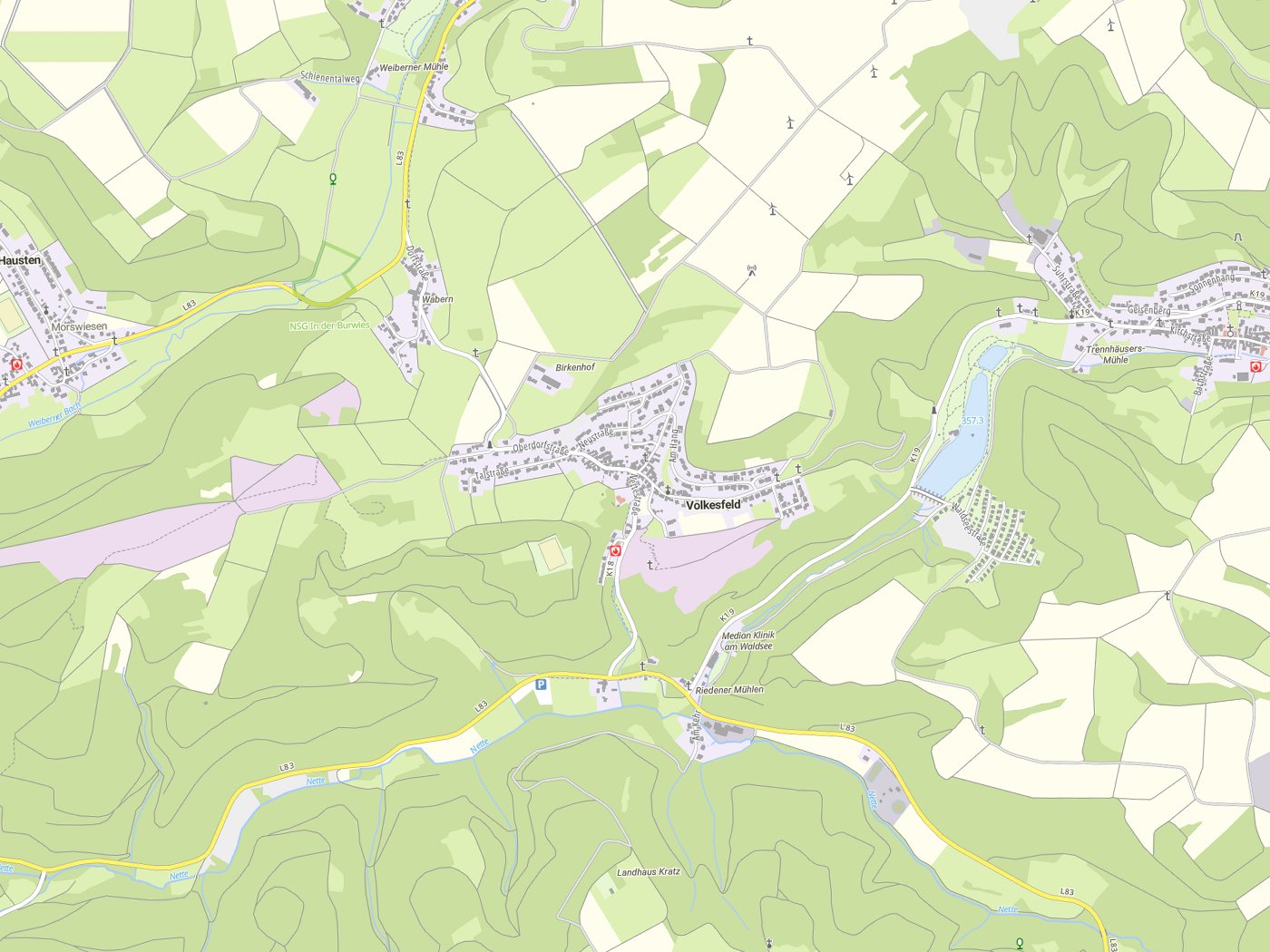 Kartenausschnitt Volkesfeld mit Gewässern