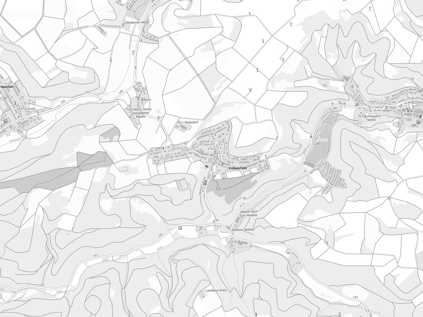 Kartenausschnitt Volkesfeld mit Gewässern