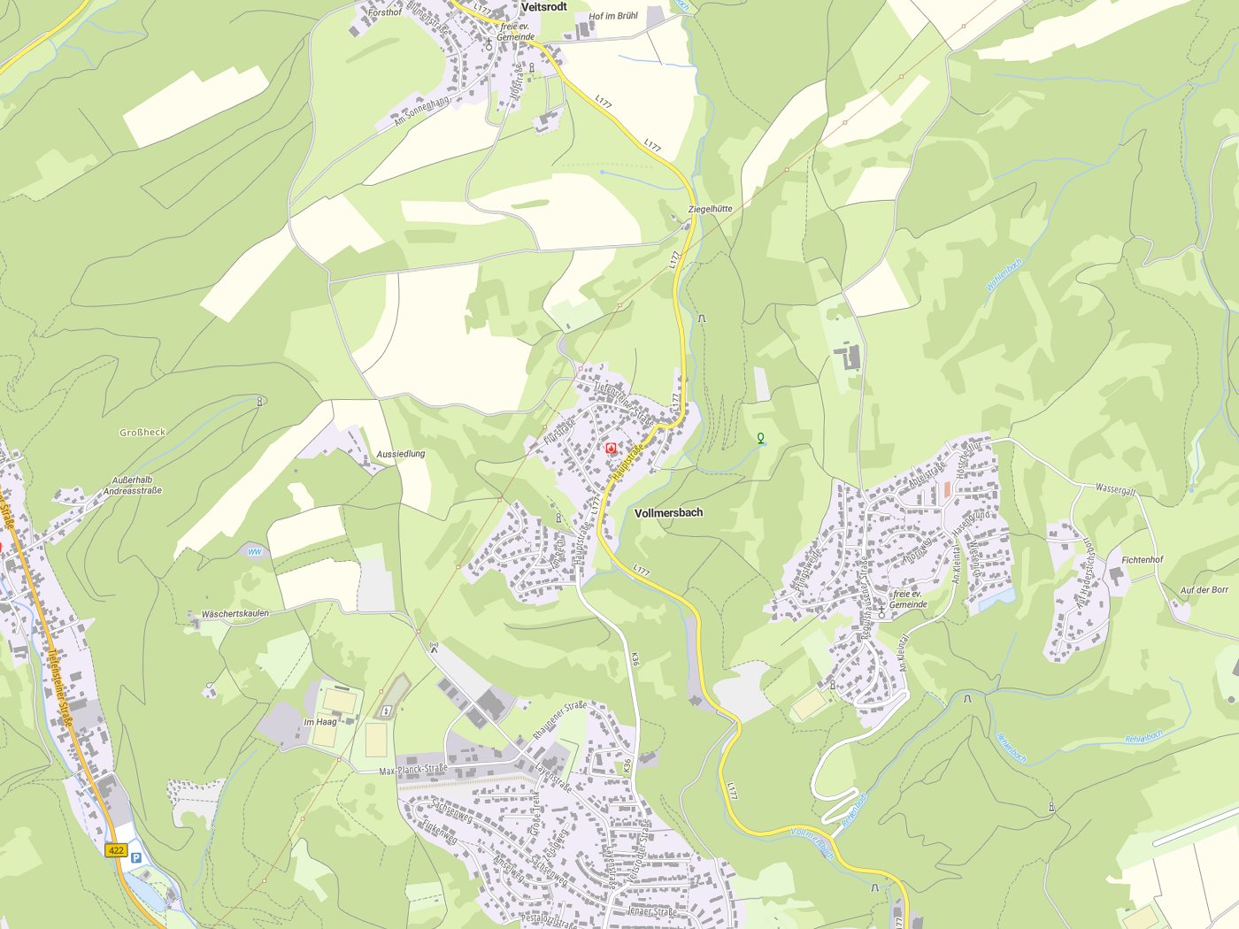 Kartenausschnitt Vollmersbach mit Gewässern