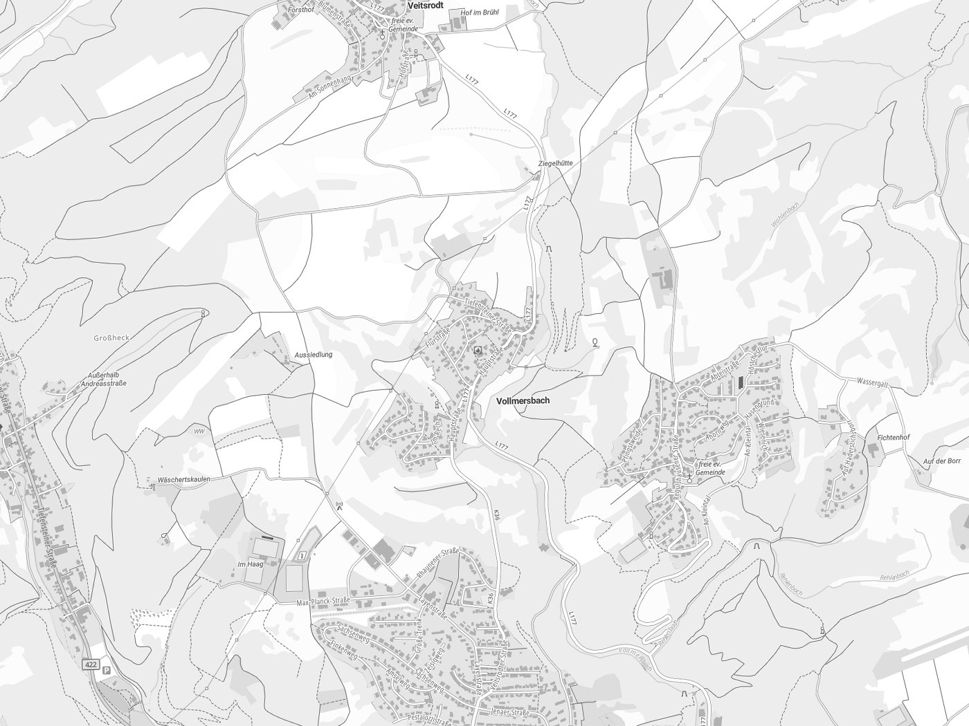 Kartenausschnitt Vollmersbach mit Gewässern