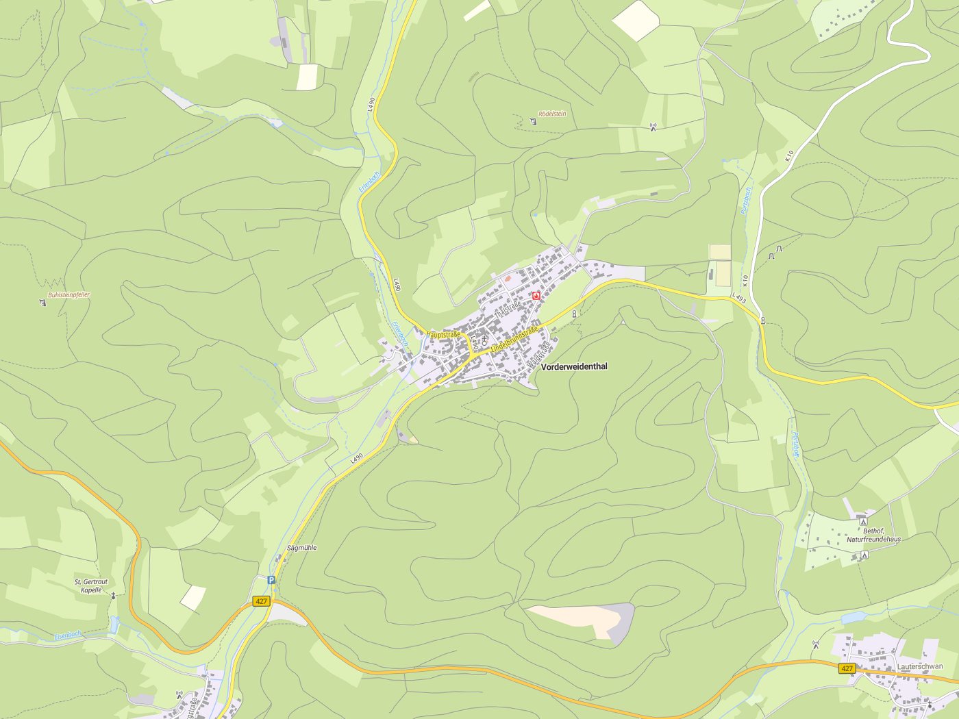 Kartenausschnitt Vorderweidenthal mit Gewässern