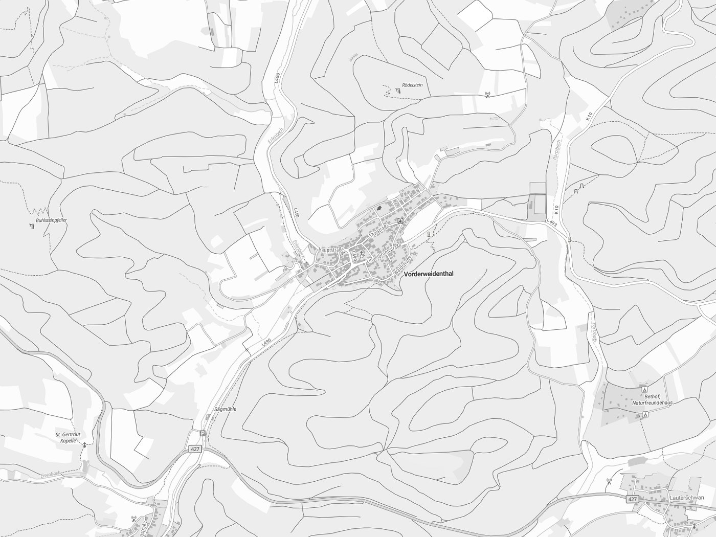 Kartenausschnitt Vorderweidenthal mit Gewässern