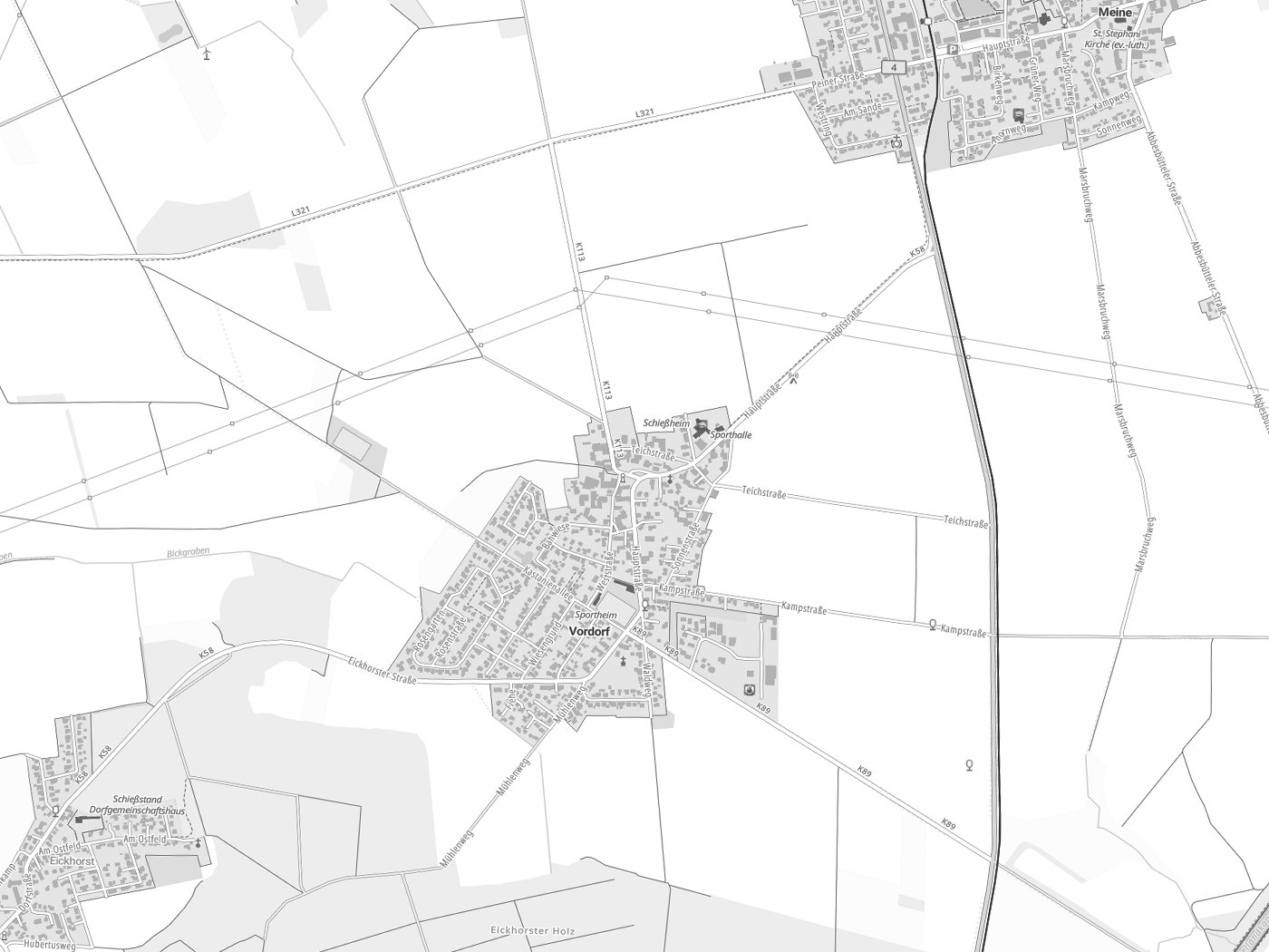 Kartenausschnitt Vordorf mit Gewässern