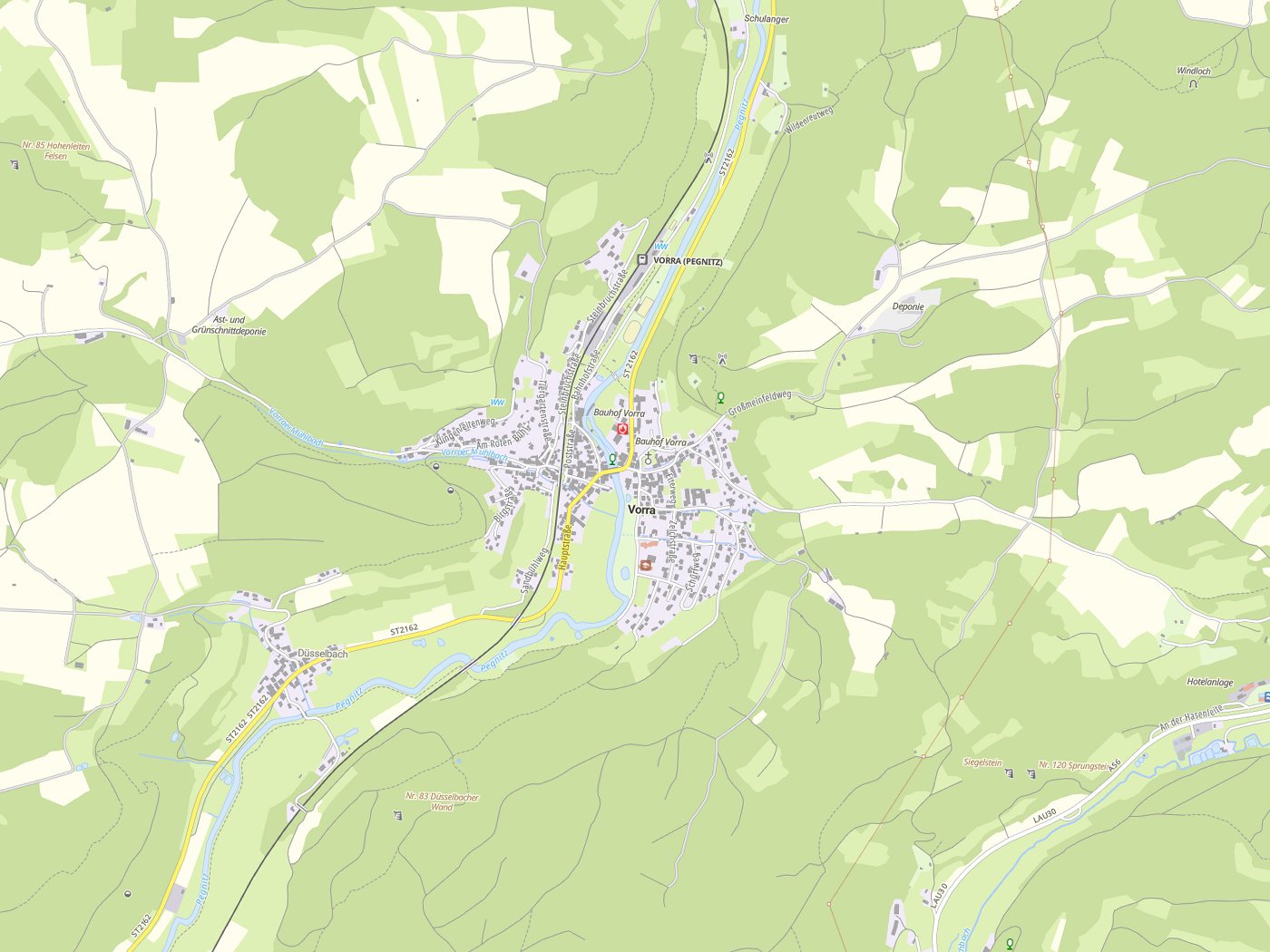 Kartenausschnitt Vorra mit Gewässern