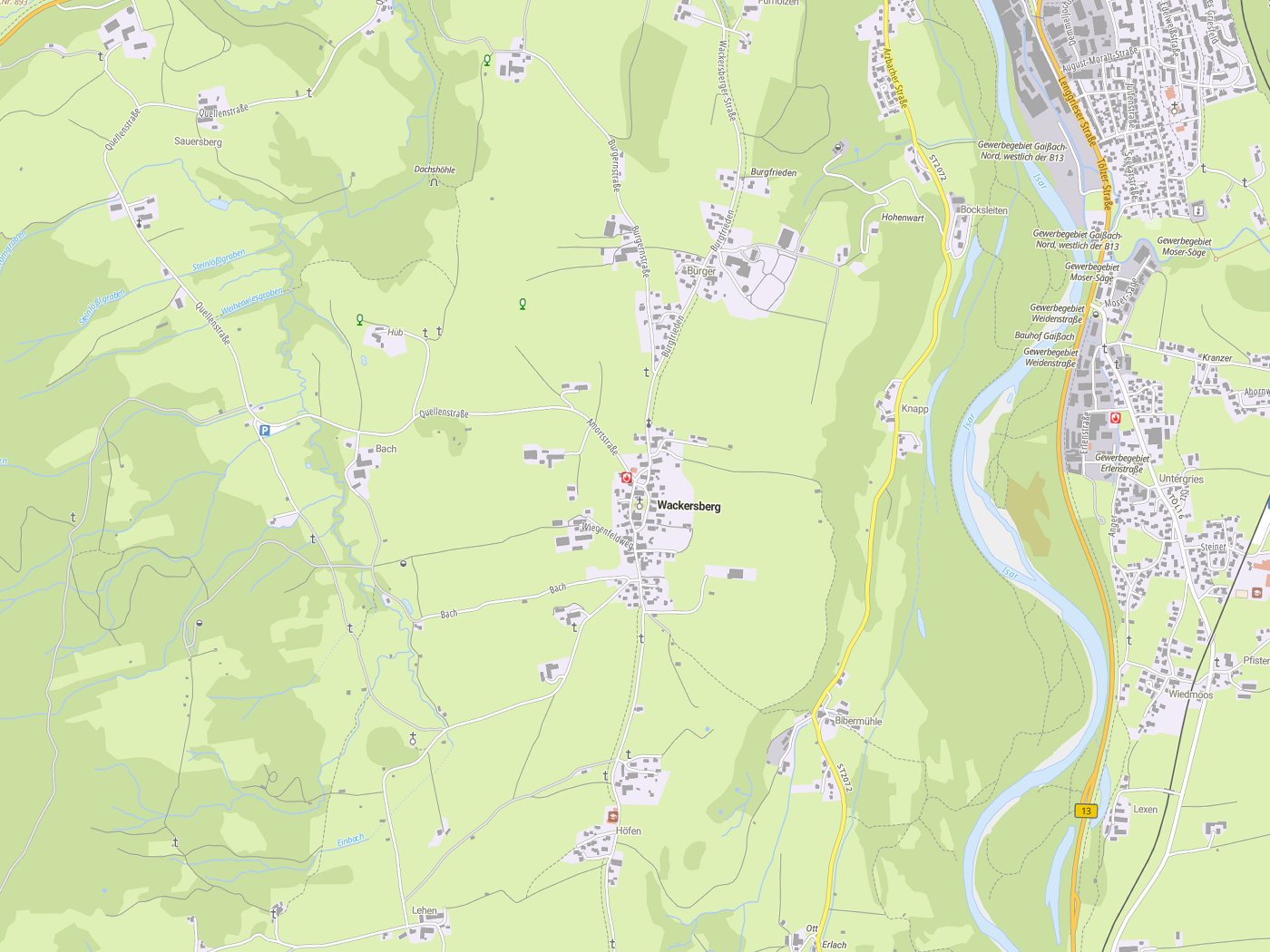 Kartenausschnitt Wackersberg mit Gewässern