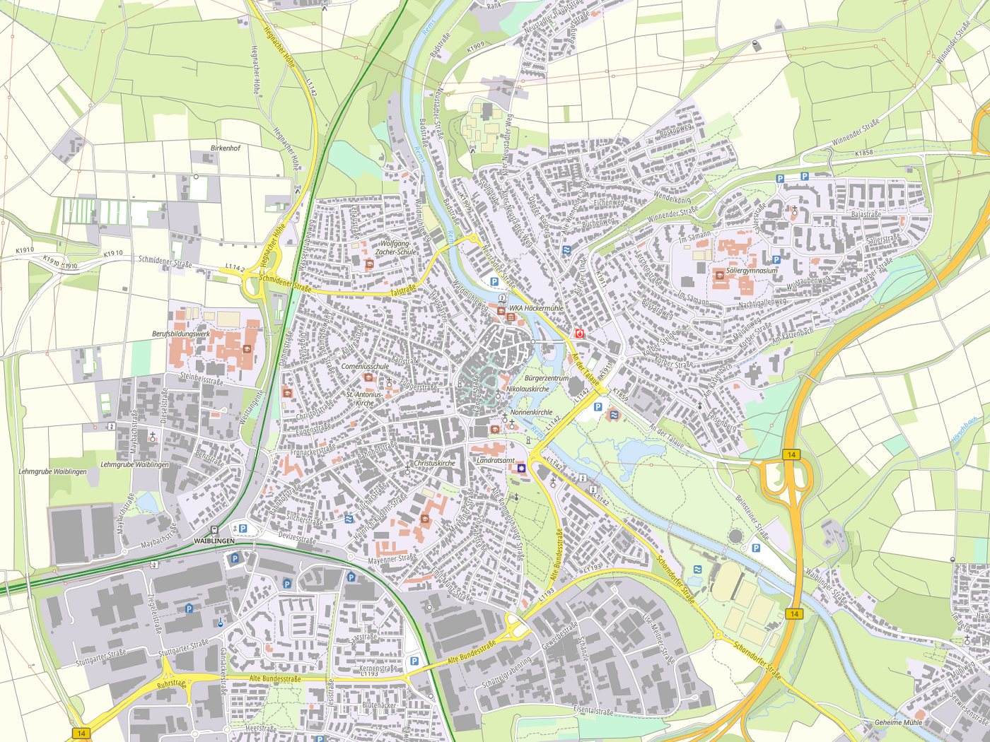 Kartenausschnitt Waiblingen mit Gewässern