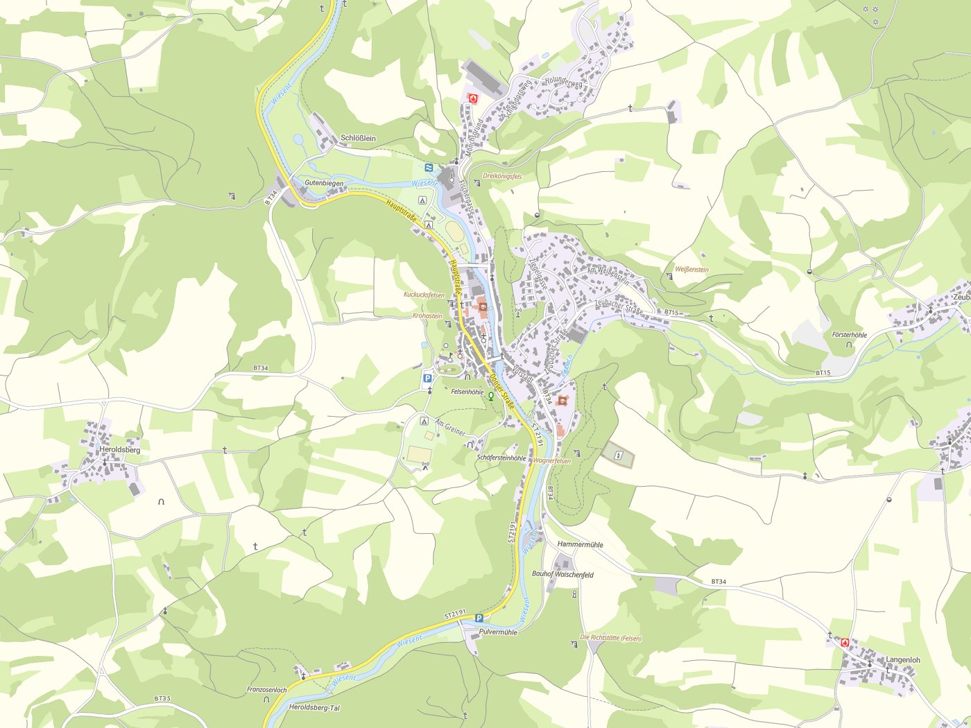 Kartenausschnitt Waischenfeld mit Gewässern