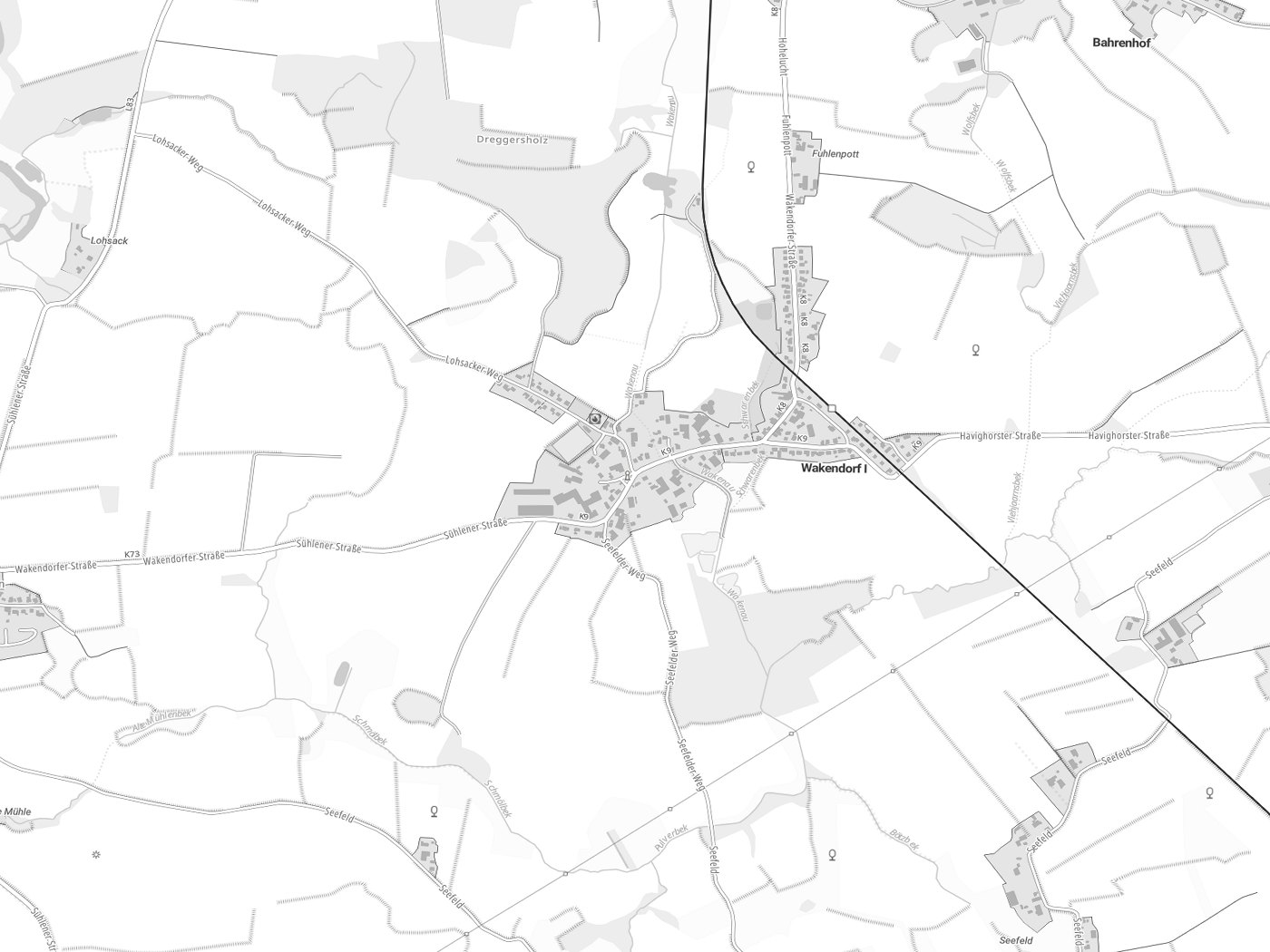 Kartenausschnitt Wakendorf I mit Gewässern