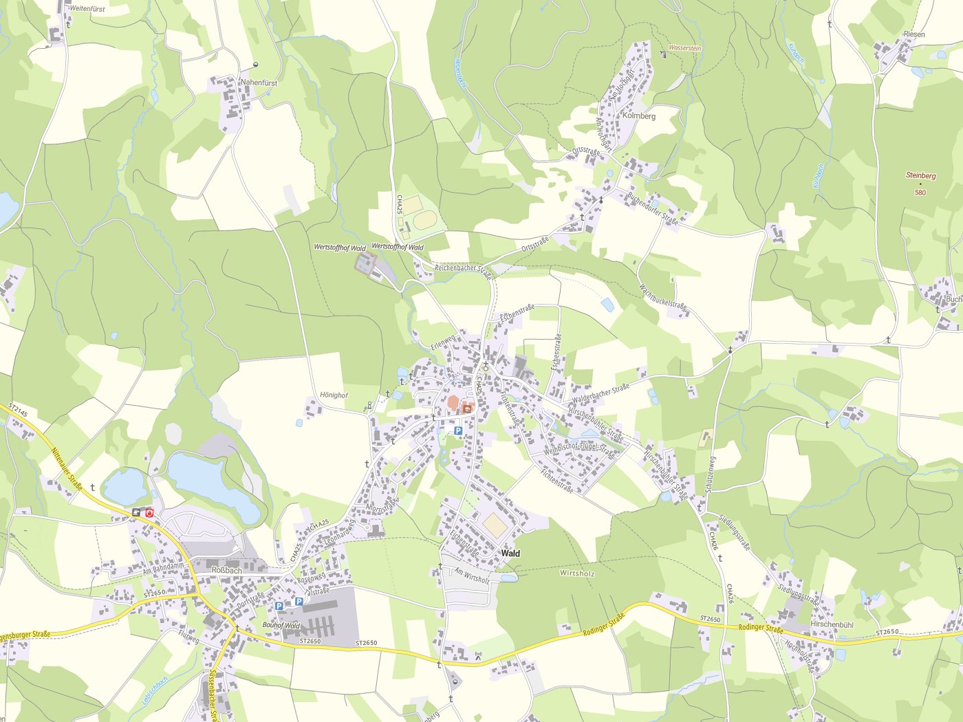 Kartenausschnitt Wald mit Gewässern