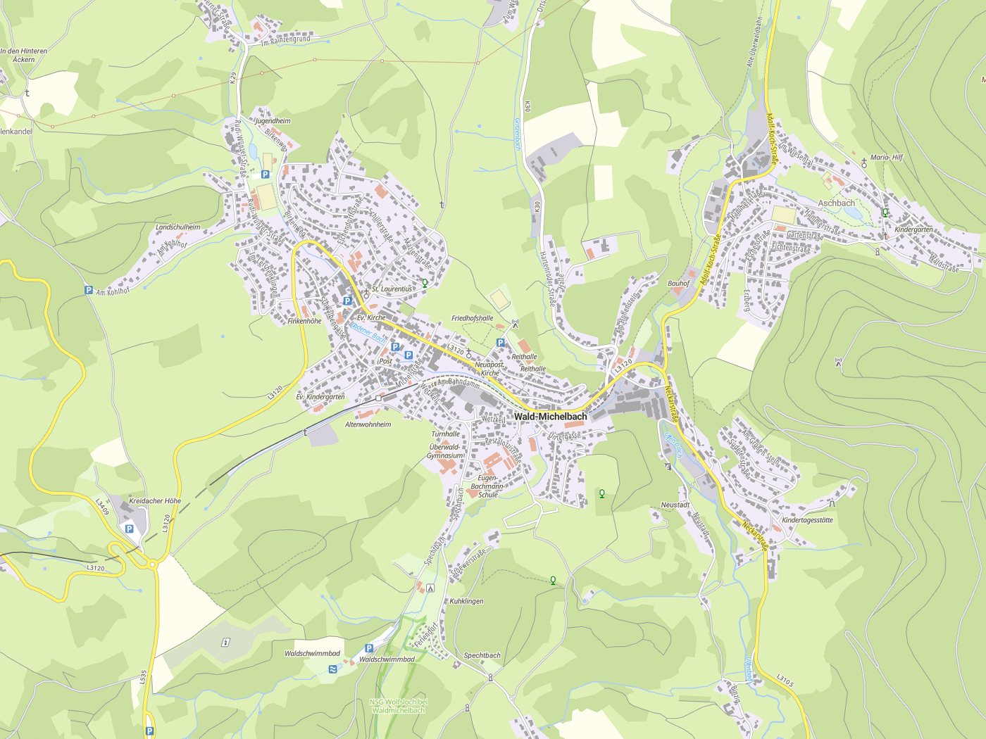 Kartenausschnitt Wald-Michelbach mit Gewässern