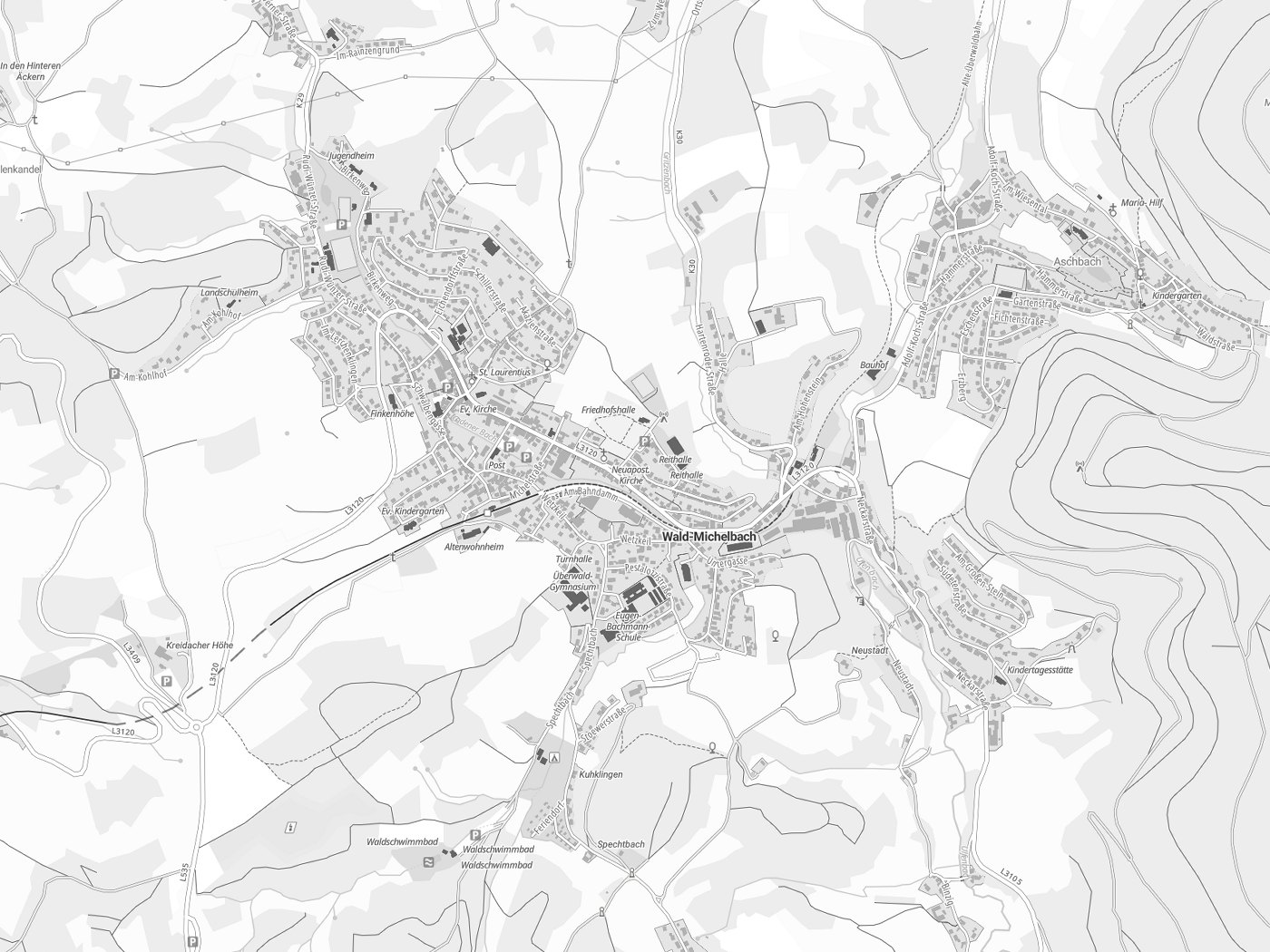 Kartenausschnitt Wald-Michelbach mit Gewässern