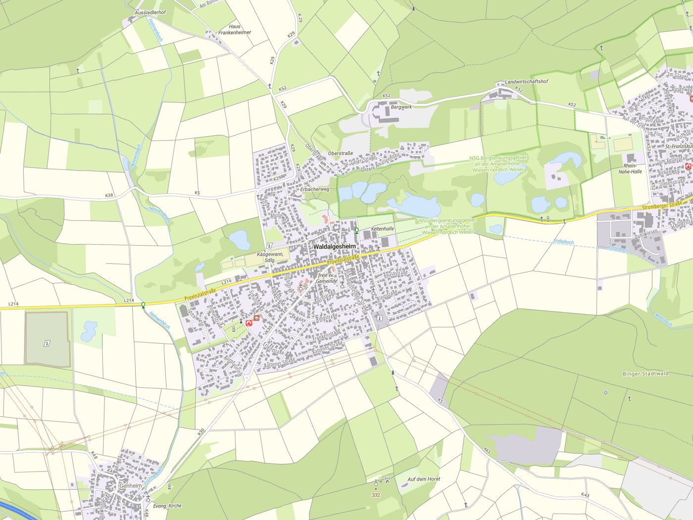 Kartenausschnitt Waldalgesheim mit Gewässern