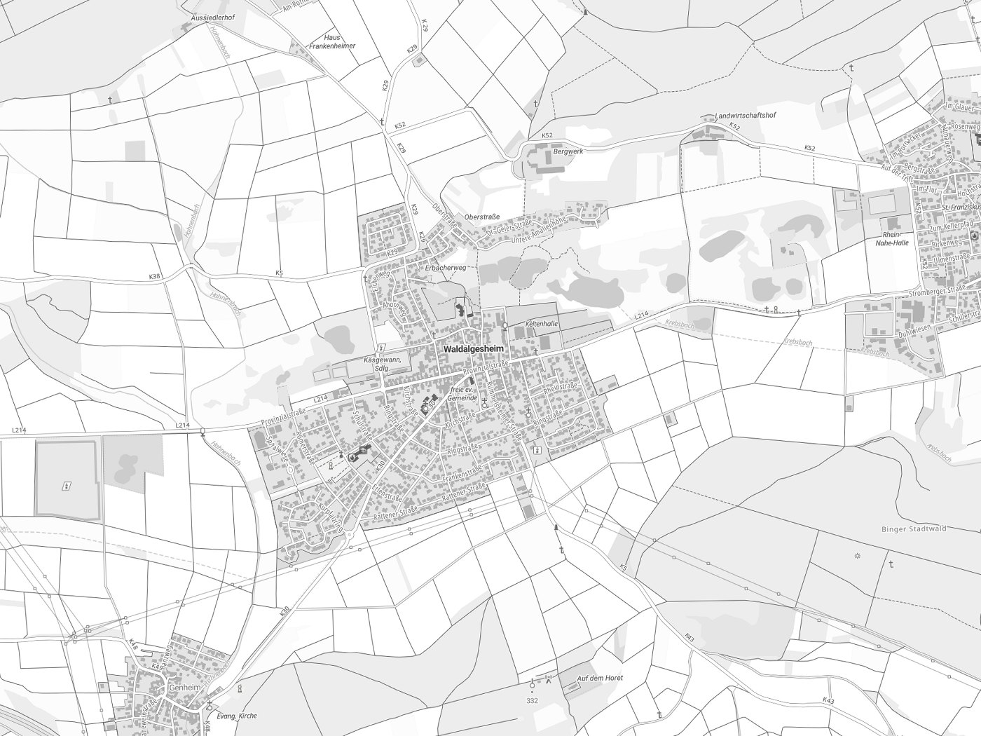 Kartenausschnitt Waldalgesheim mit Gewässern