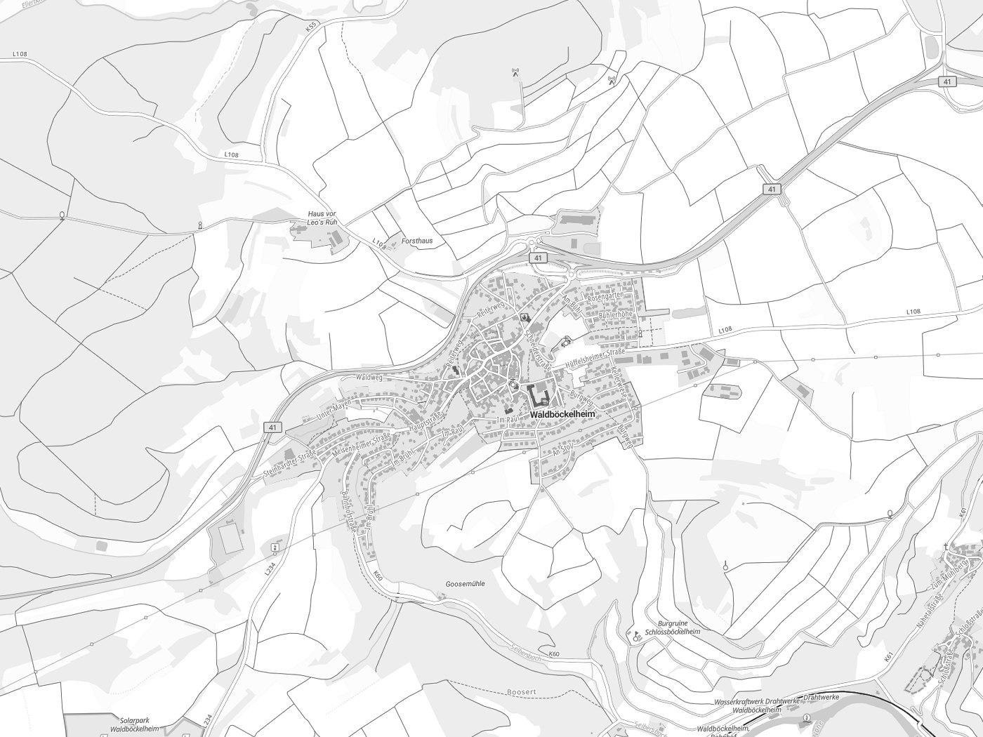 Kartenausschnitt Waldböckelheim mit Gewässern