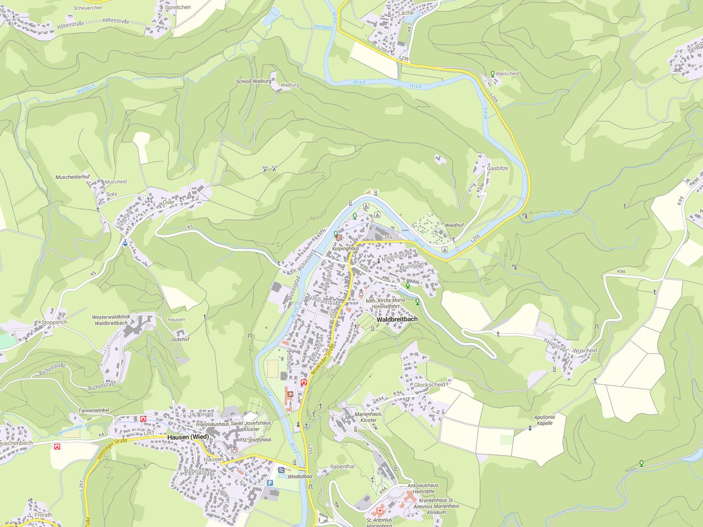 Kartenausschnitt Waldbreitbach mit Gewässern