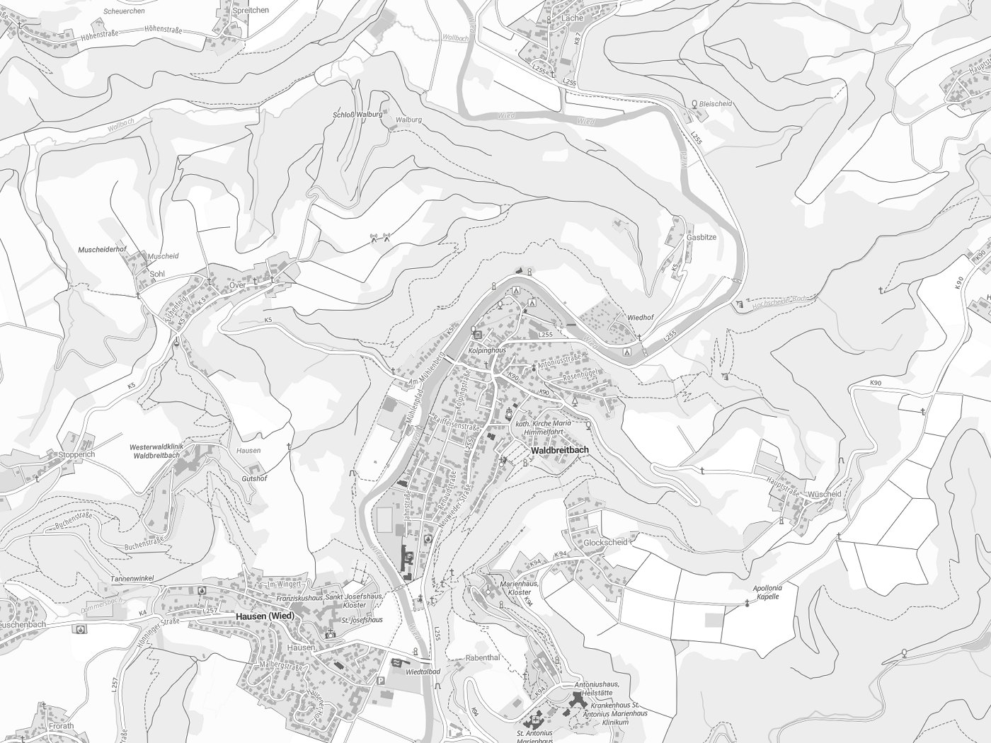 Kartenausschnitt Waldbreitbach mit Gewässern