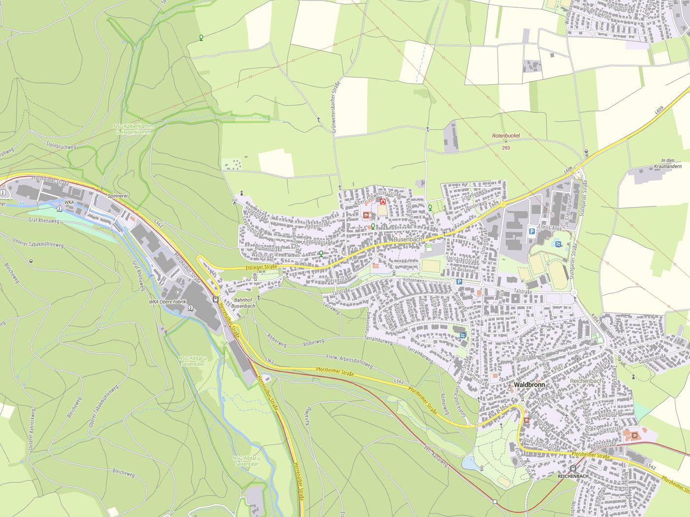 Kartenausschnitt Waldbronn mit Gewässern