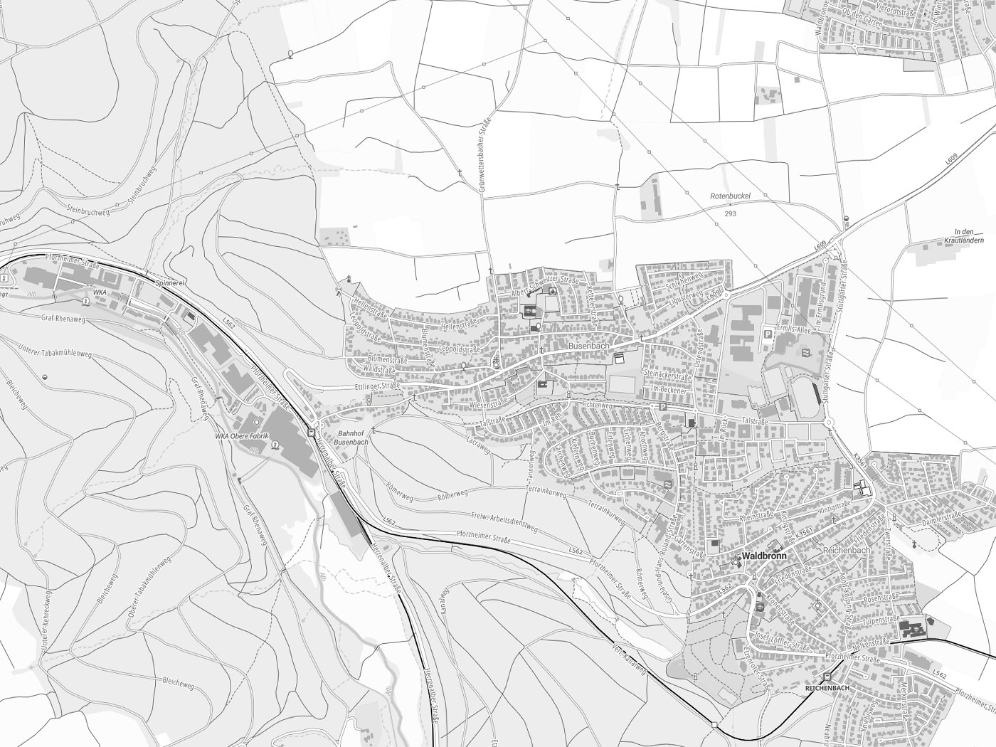 Kartenausschnitt Waldbronn mit Gewässern