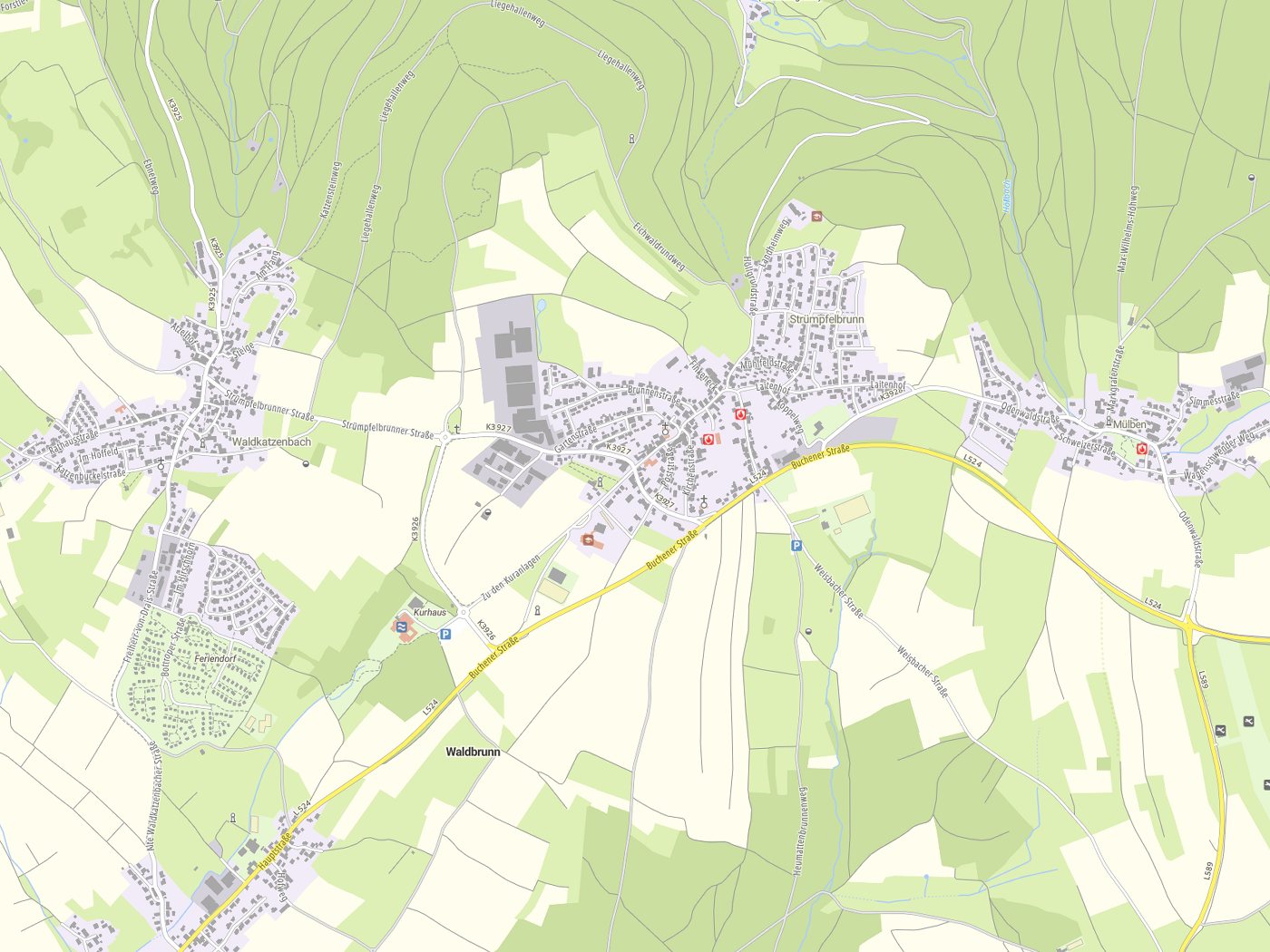 Kartenausschnitt Waldbrunn mit Gewässern