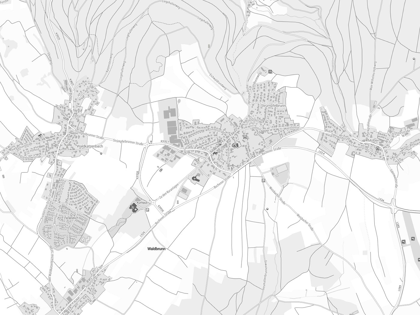 Kartenausschnitt Waldbrunn mit Gewässern