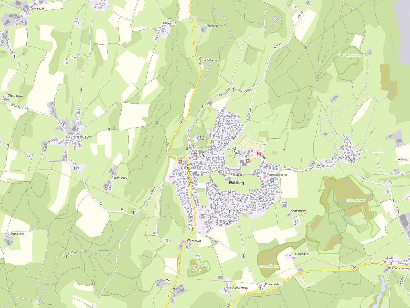Kartenausschnitt Waldburg mit Gewässern