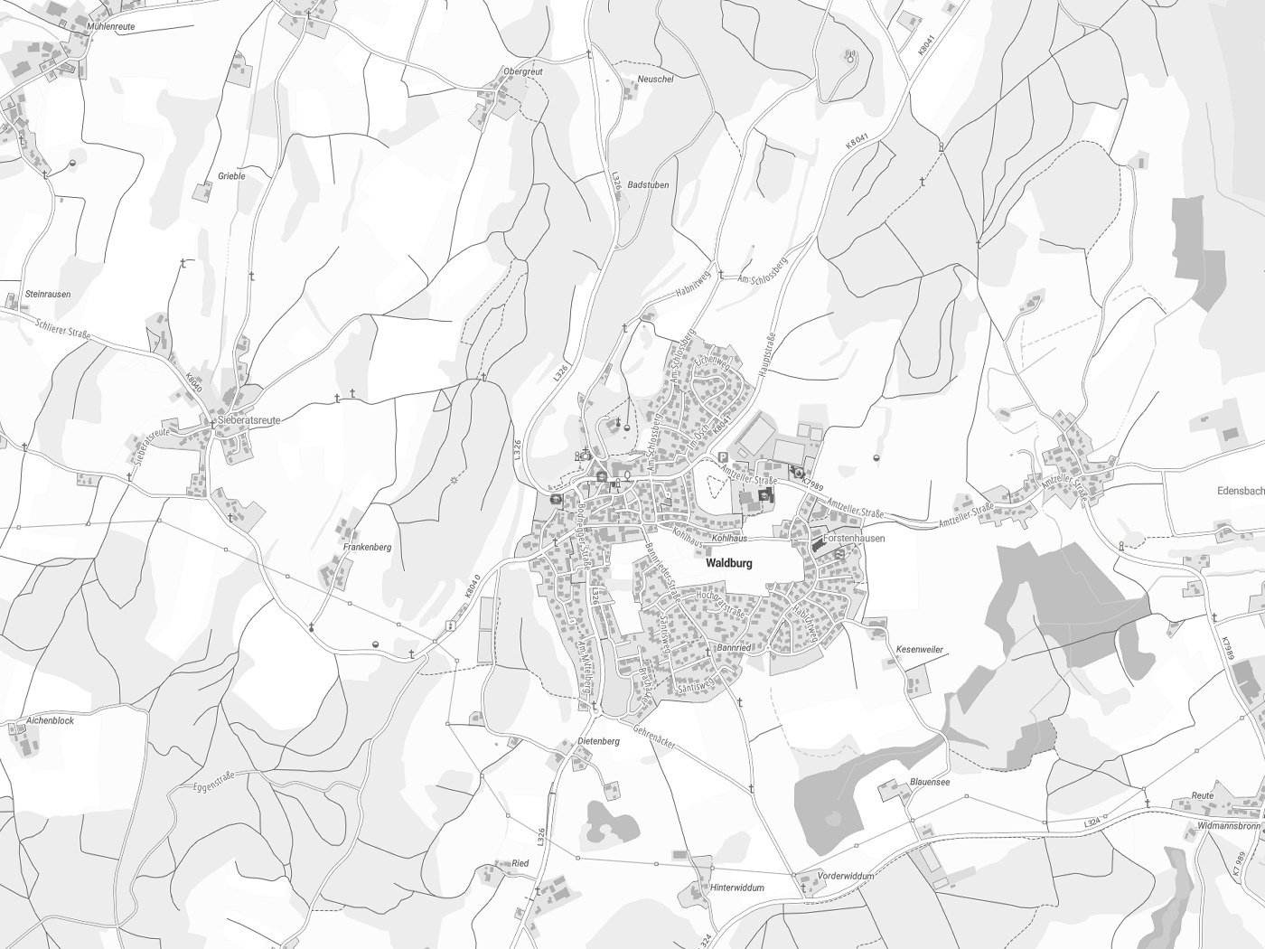 Kartenausschnitt Waldburg mit Gewässern