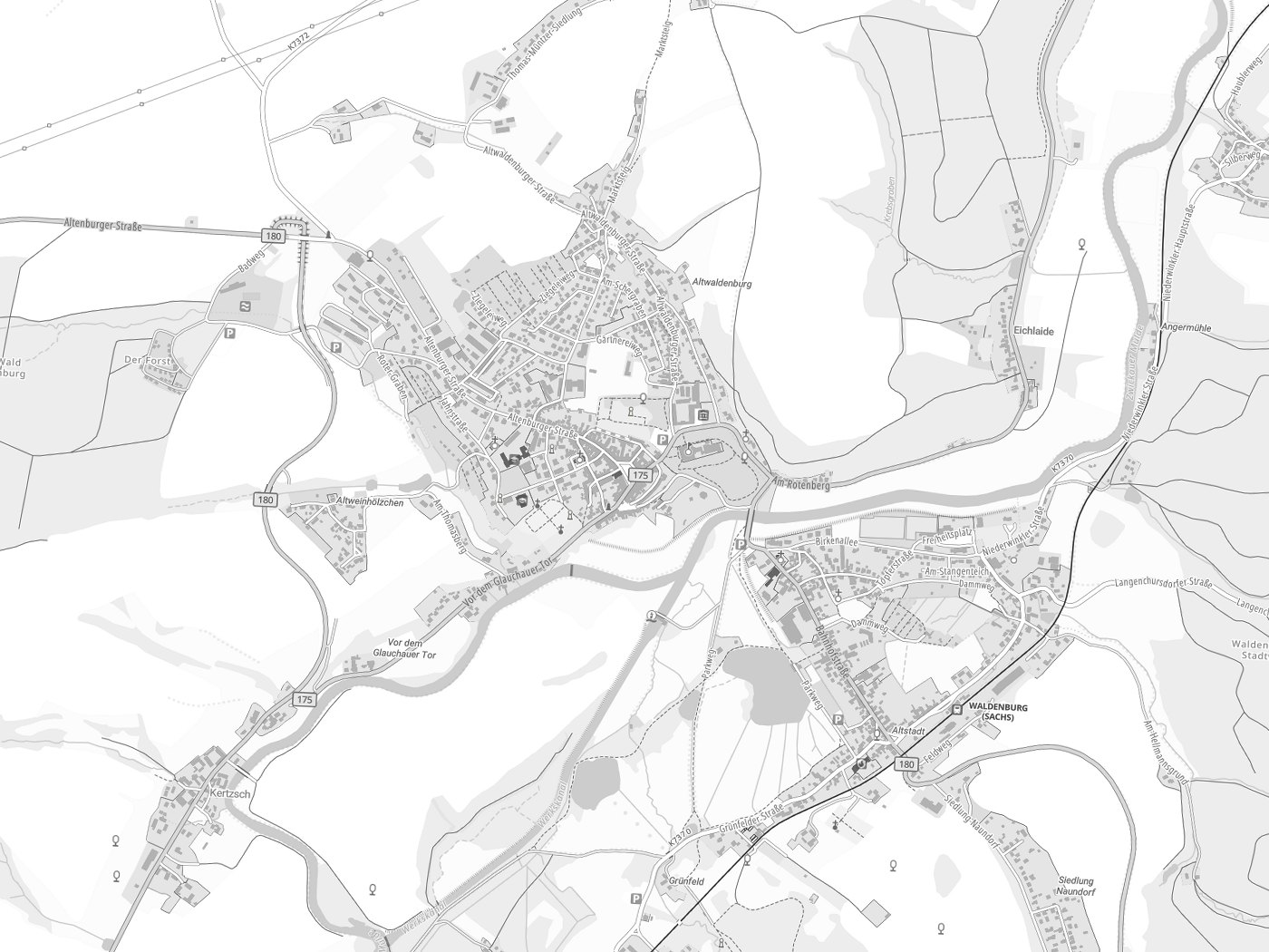 Kartenausschnitt Waldenburg mit Gewässern