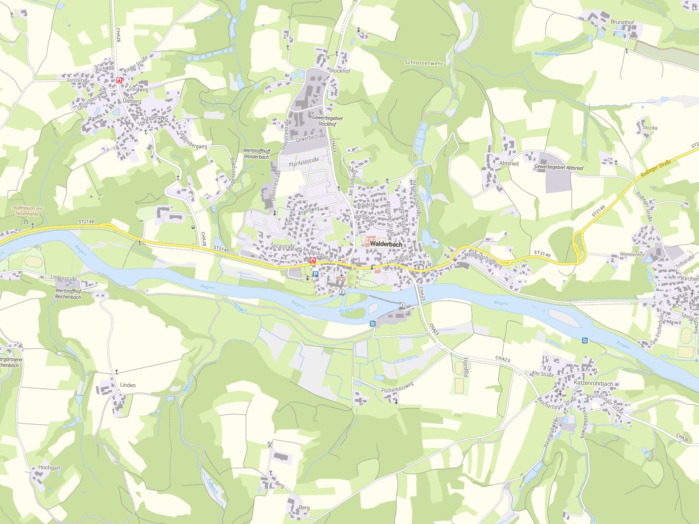 Kartenausschnitt Walderbach mit Gewässern