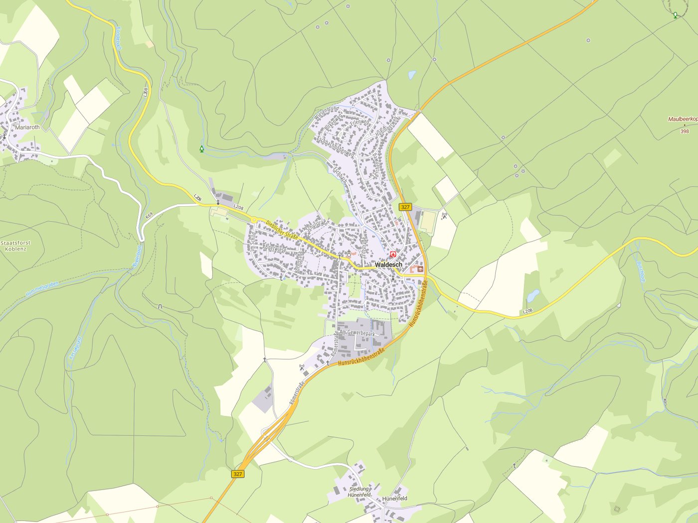 Kartenausschnitt Waldesch mit Gewässern