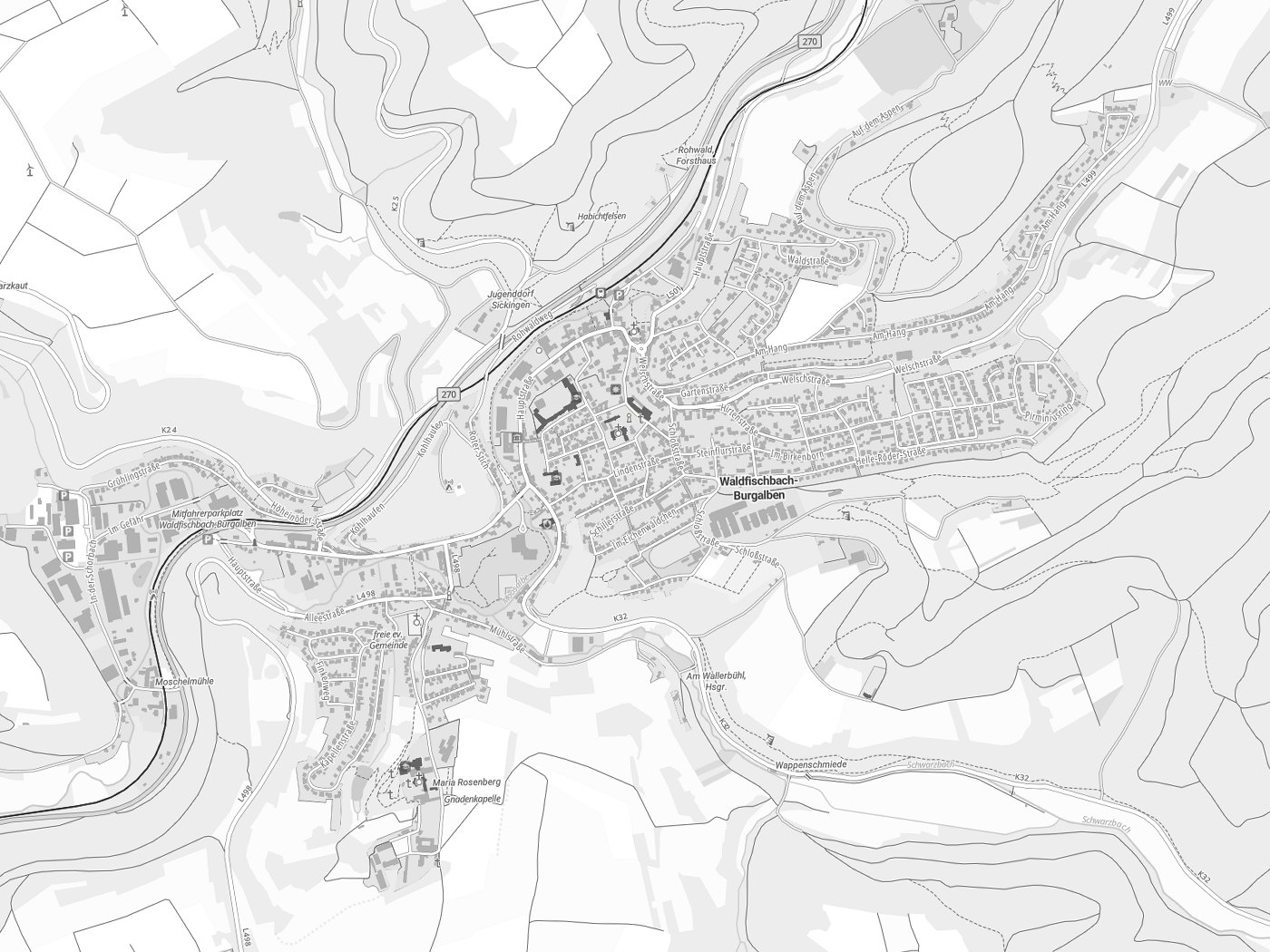 Kartenausschnitt Waldfischbach-Burgalben mit Gewässern