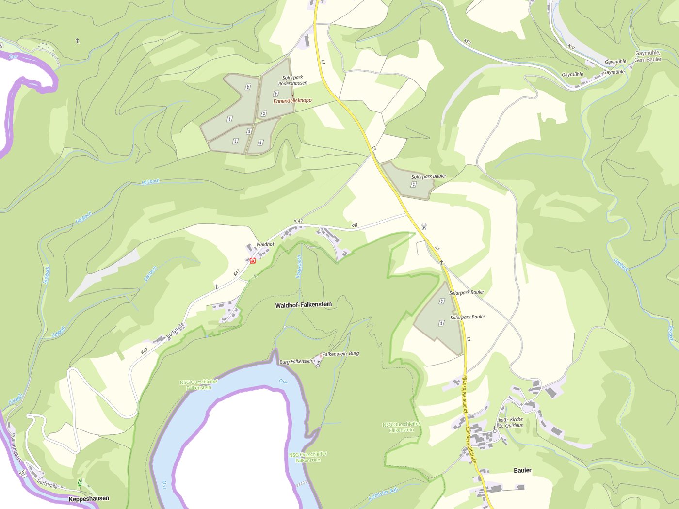 Kartenausschnitt Waldhof-Falkenstein mit Gewässern