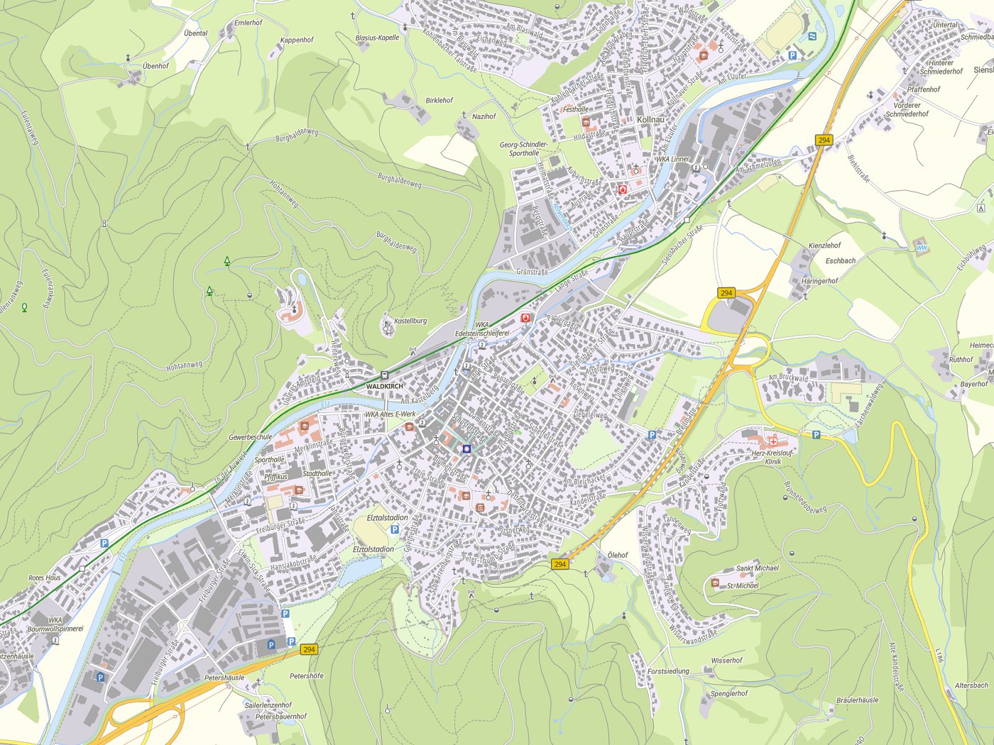 Kartenausschnitt Waldkirch mit Gewässern